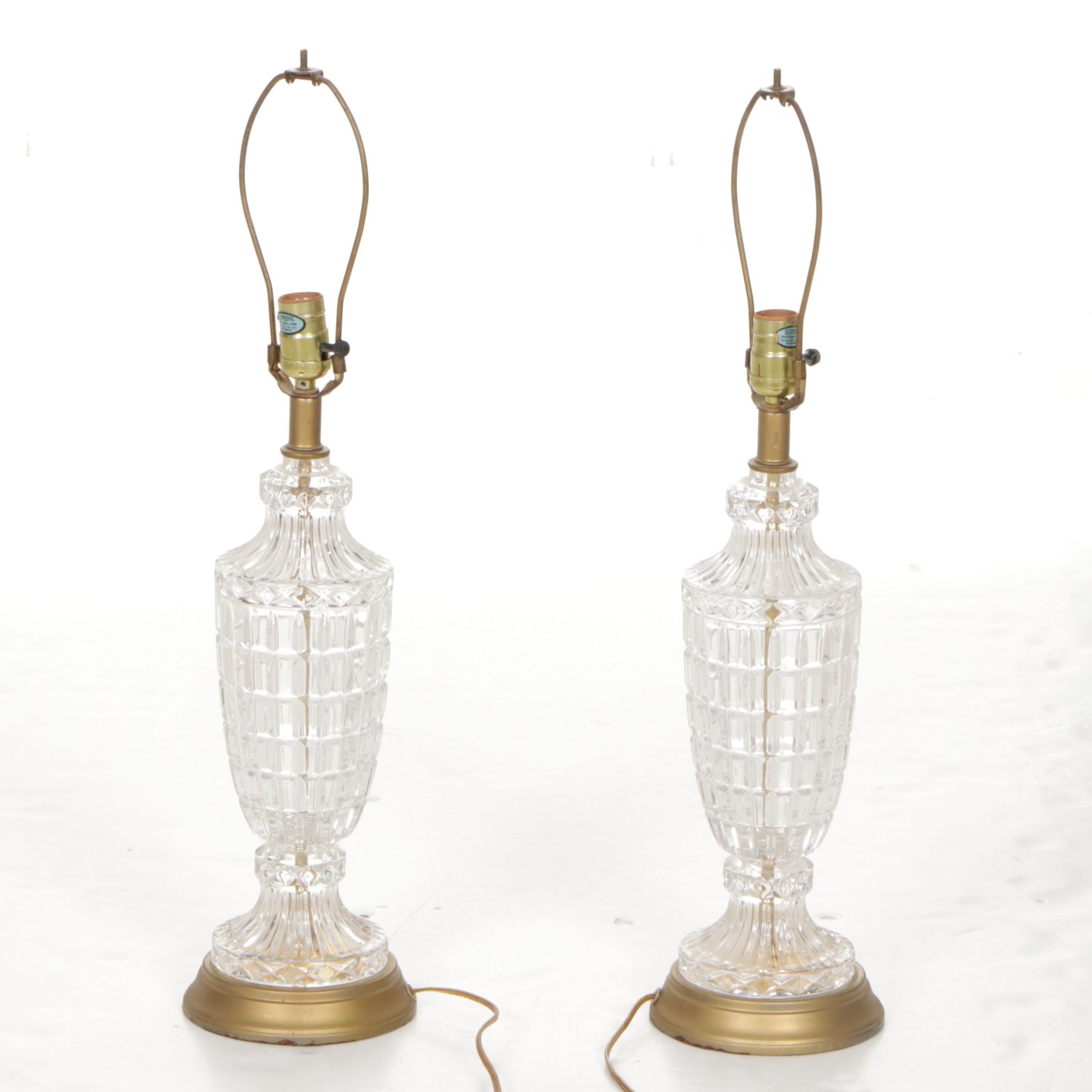 Hollywood Regency Style Pressed Glass Urn Table Lamps with Victorian Shades