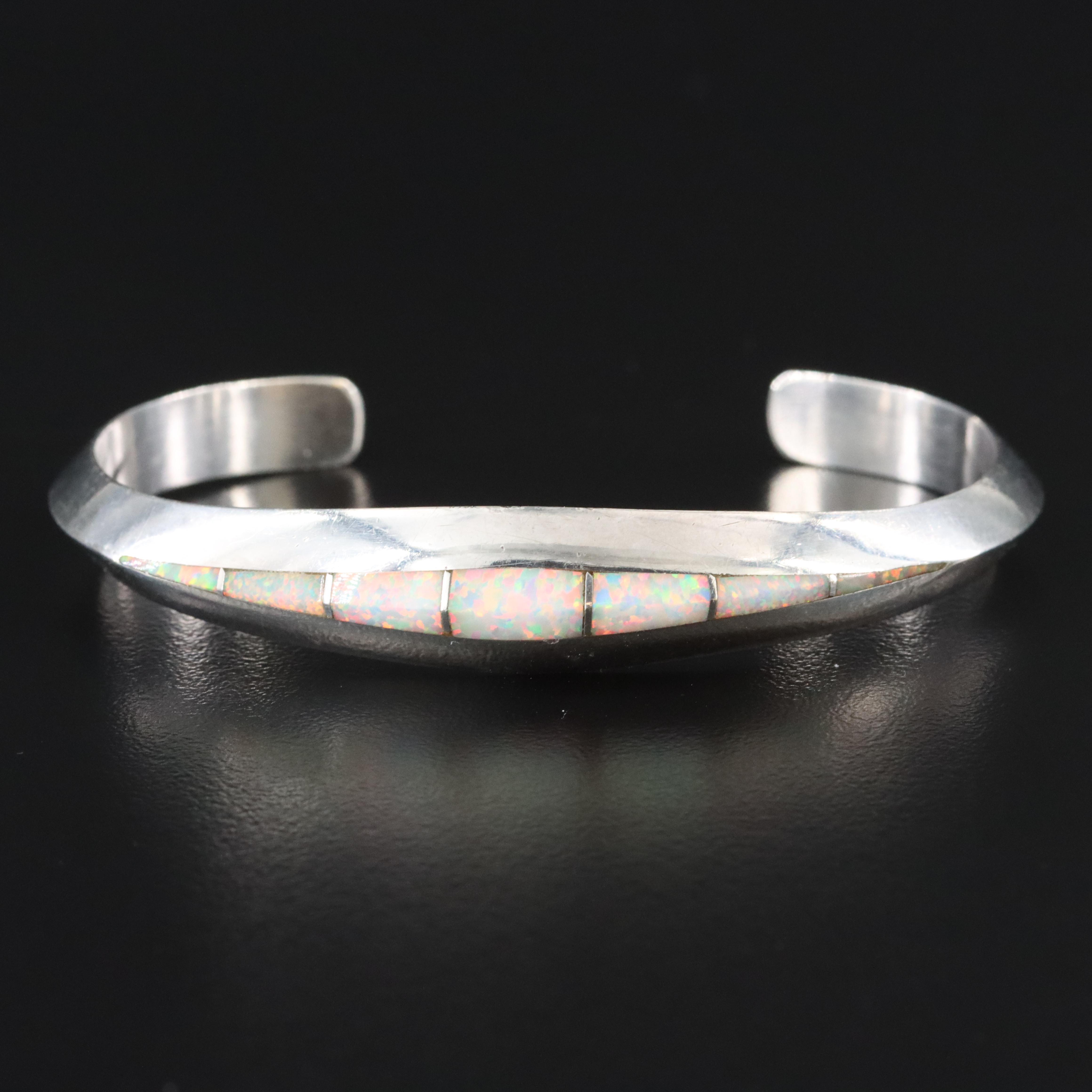 Southwestern Signed Sterling Opal Inlay Cuff Bracelet
