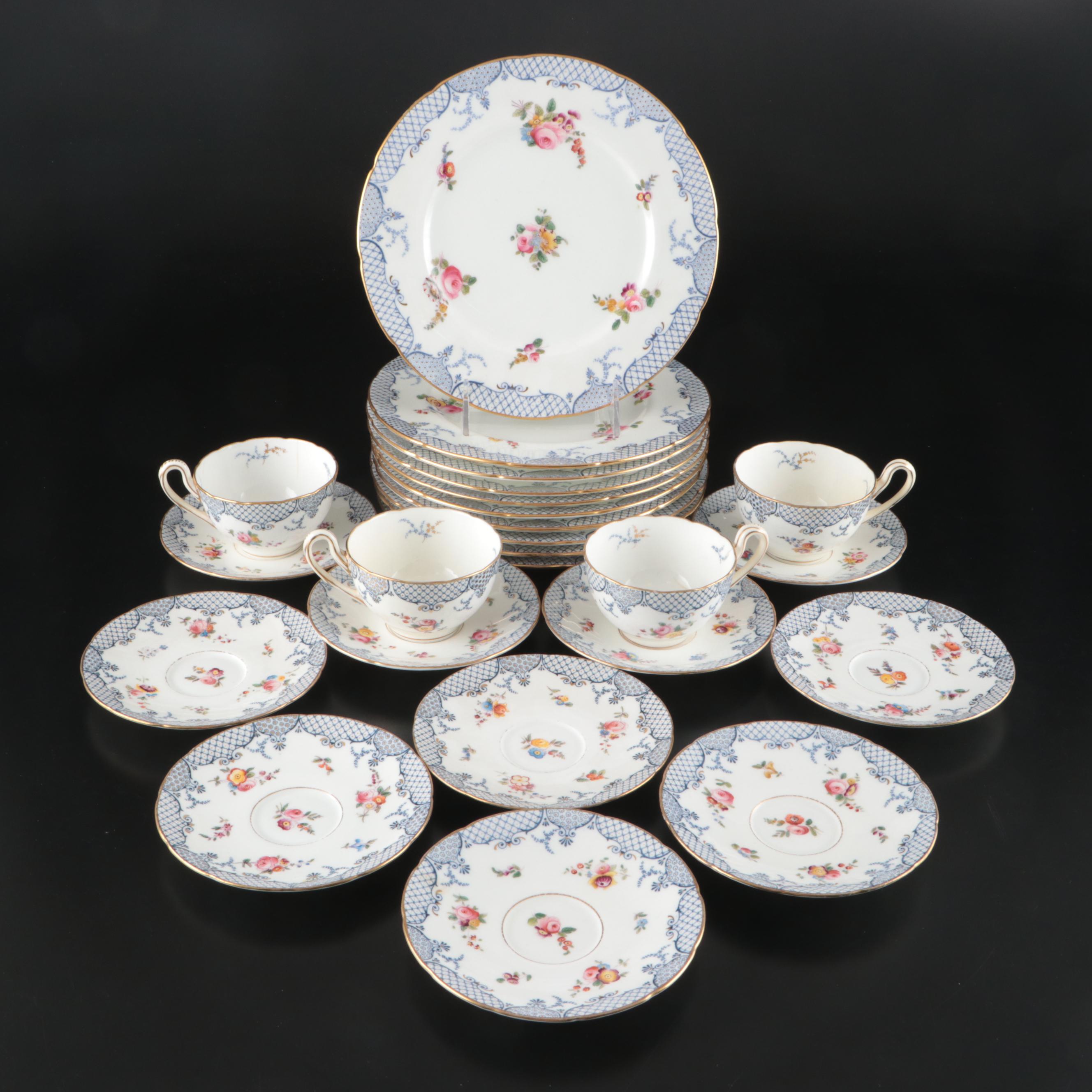 Coalport Floral Gilt Rim Bone China Plates with Cups and Saucers