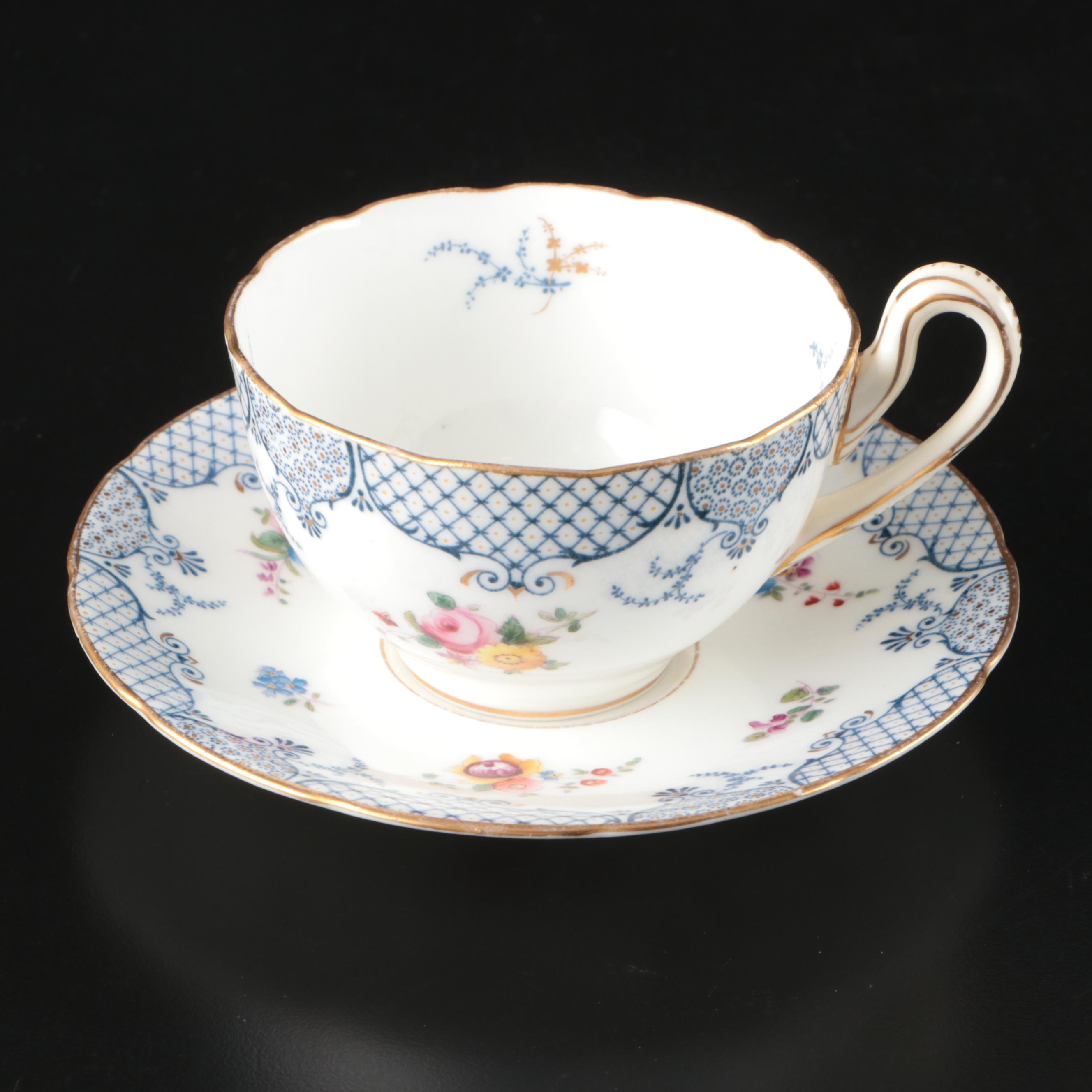 Coalport Floral Gilt Rim Bone China Plates with Cups and Saucers