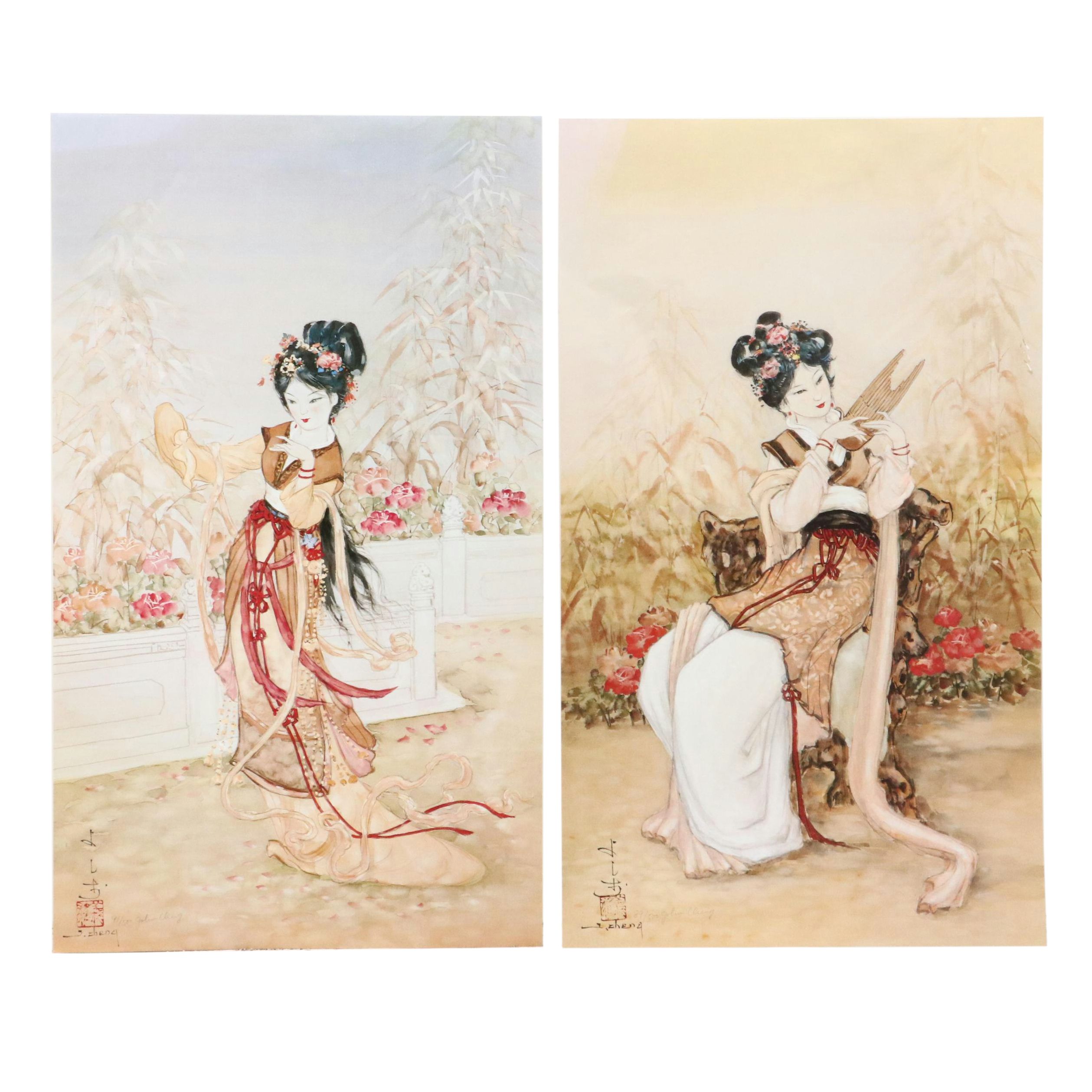 John Cheng Offset Lithographs of Young Japanese Women in Gardens