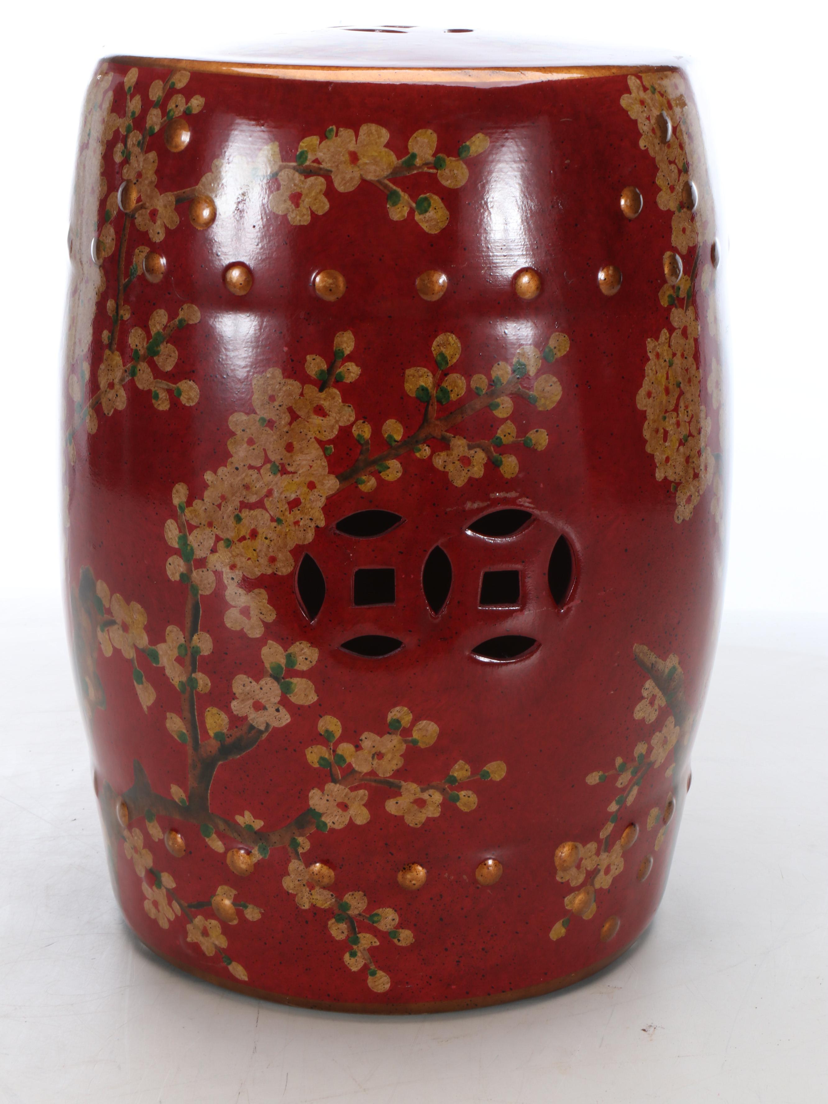 Chinese Sang de Boeuf Porcelain Garden Stool with Painted Blossoms