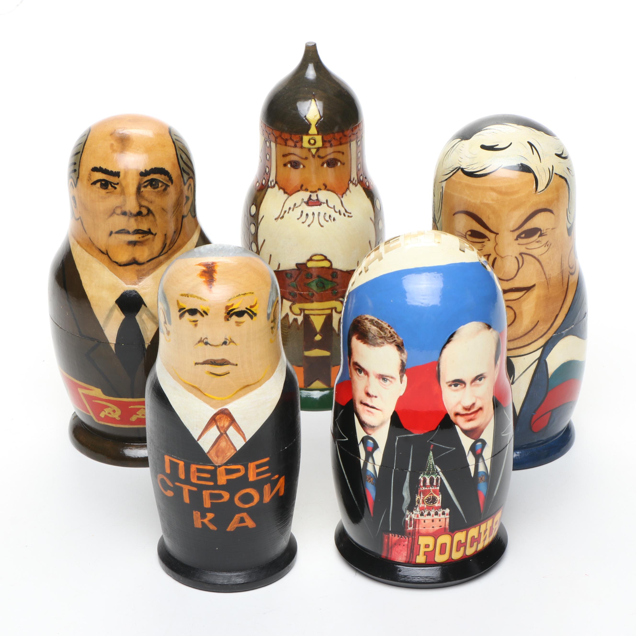 Russian Politicians and Other Painted Wooden Matryoshka Dolls