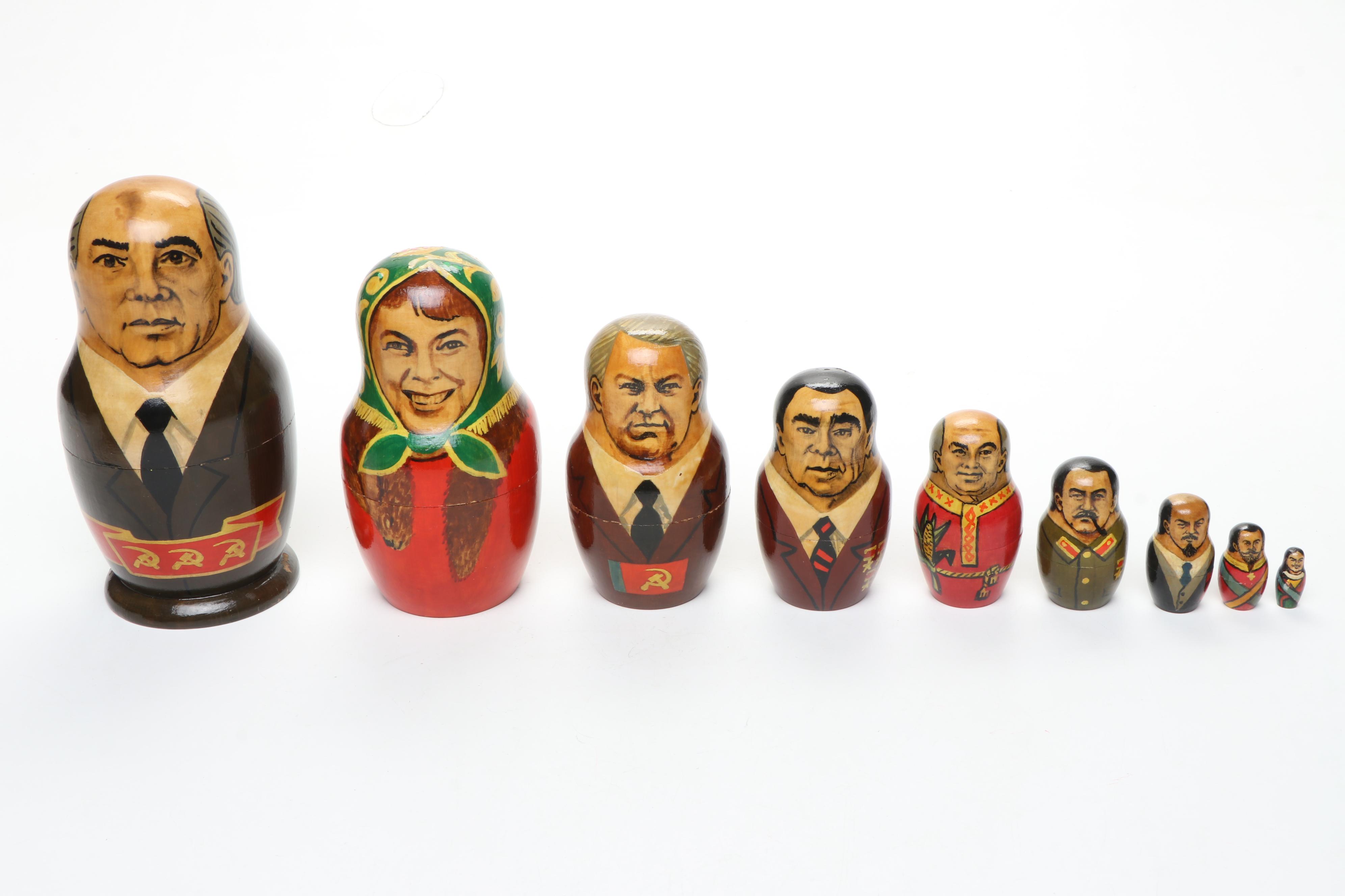 Russian Politicians and Other Painted Wooden Matryoshka Dolls