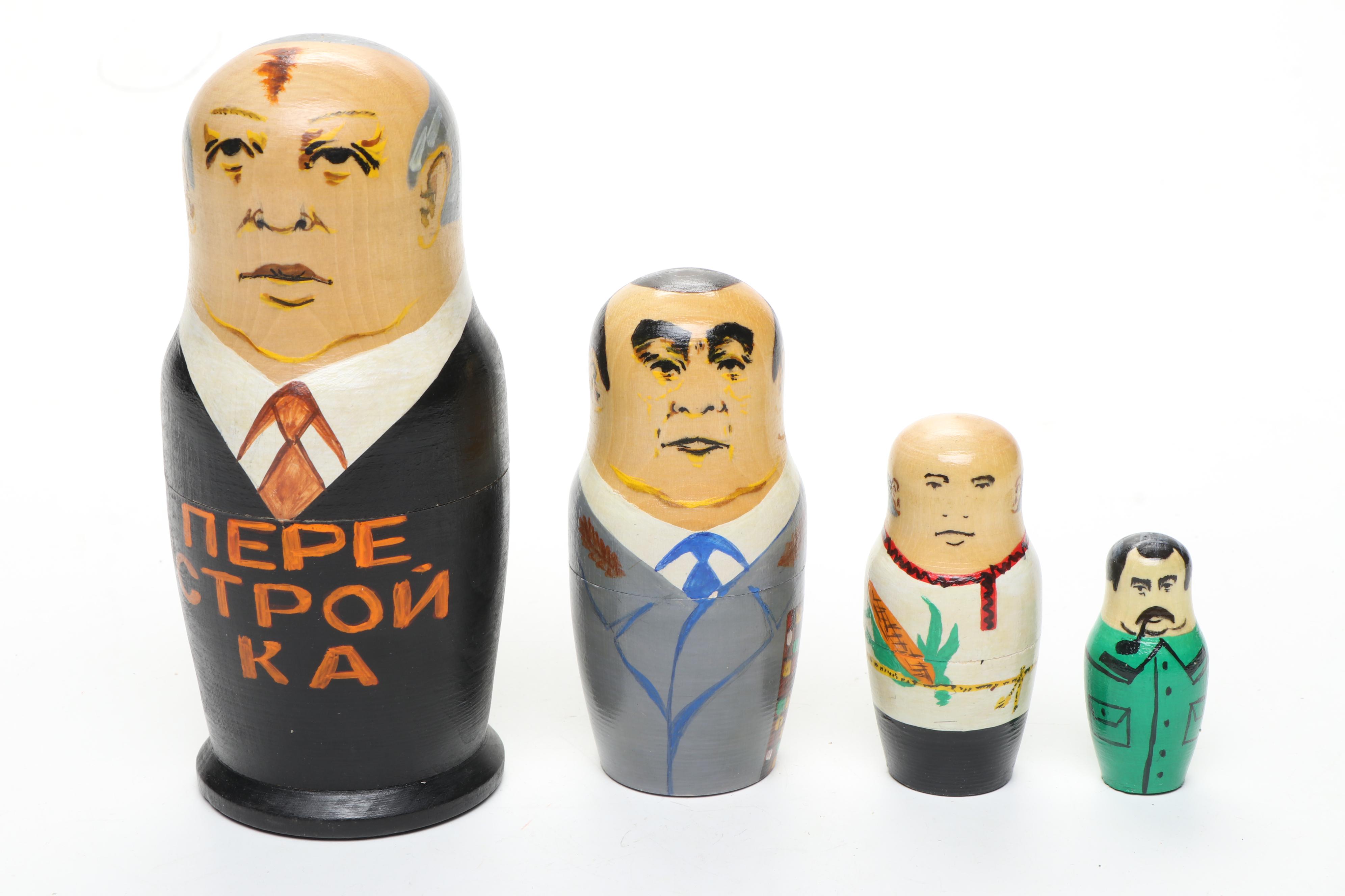 Russian Politicians and Other Painted Wooden Matryoshka Dolls