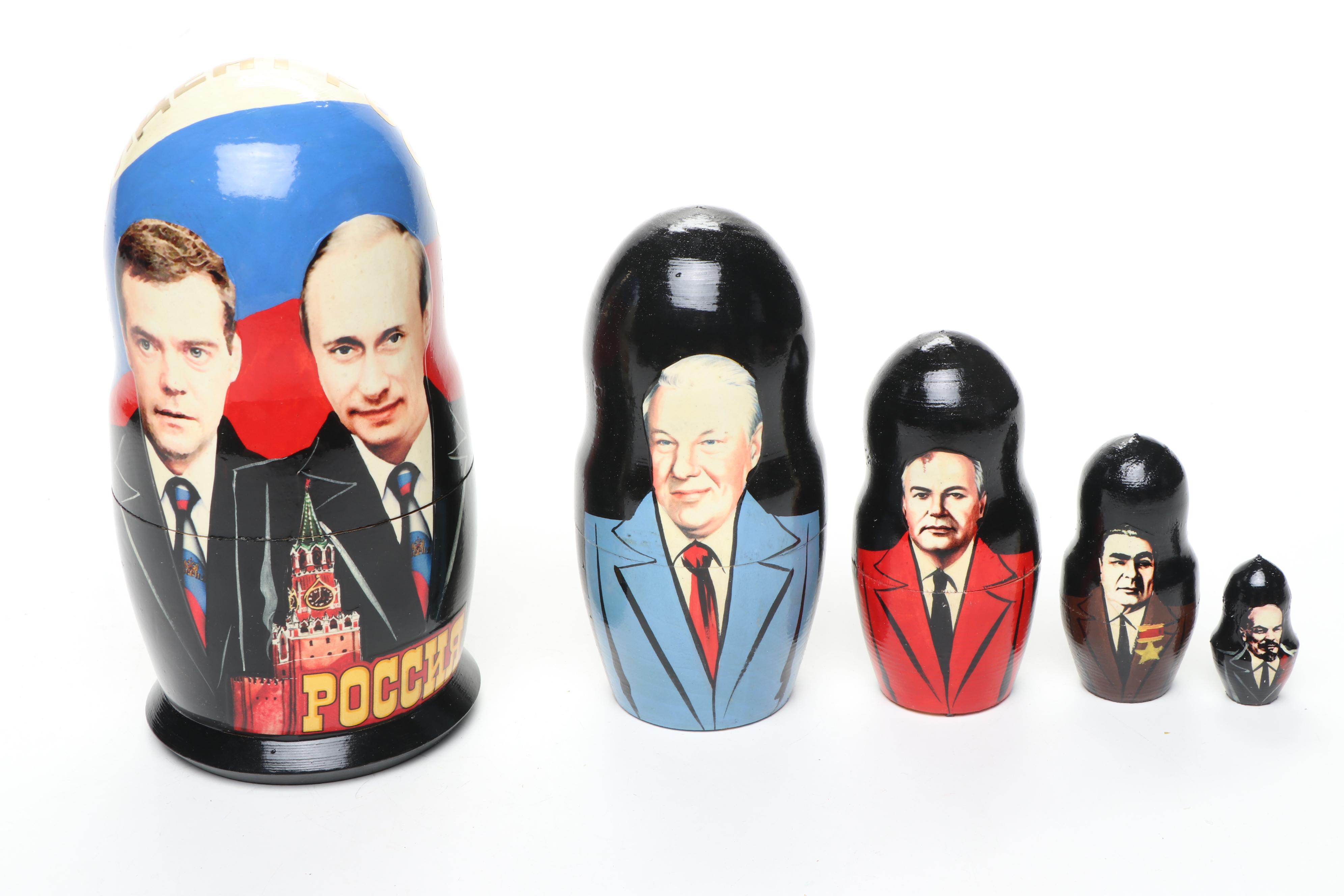 Russian Politicians and Other Painted Wooden Matryoshka Dolls