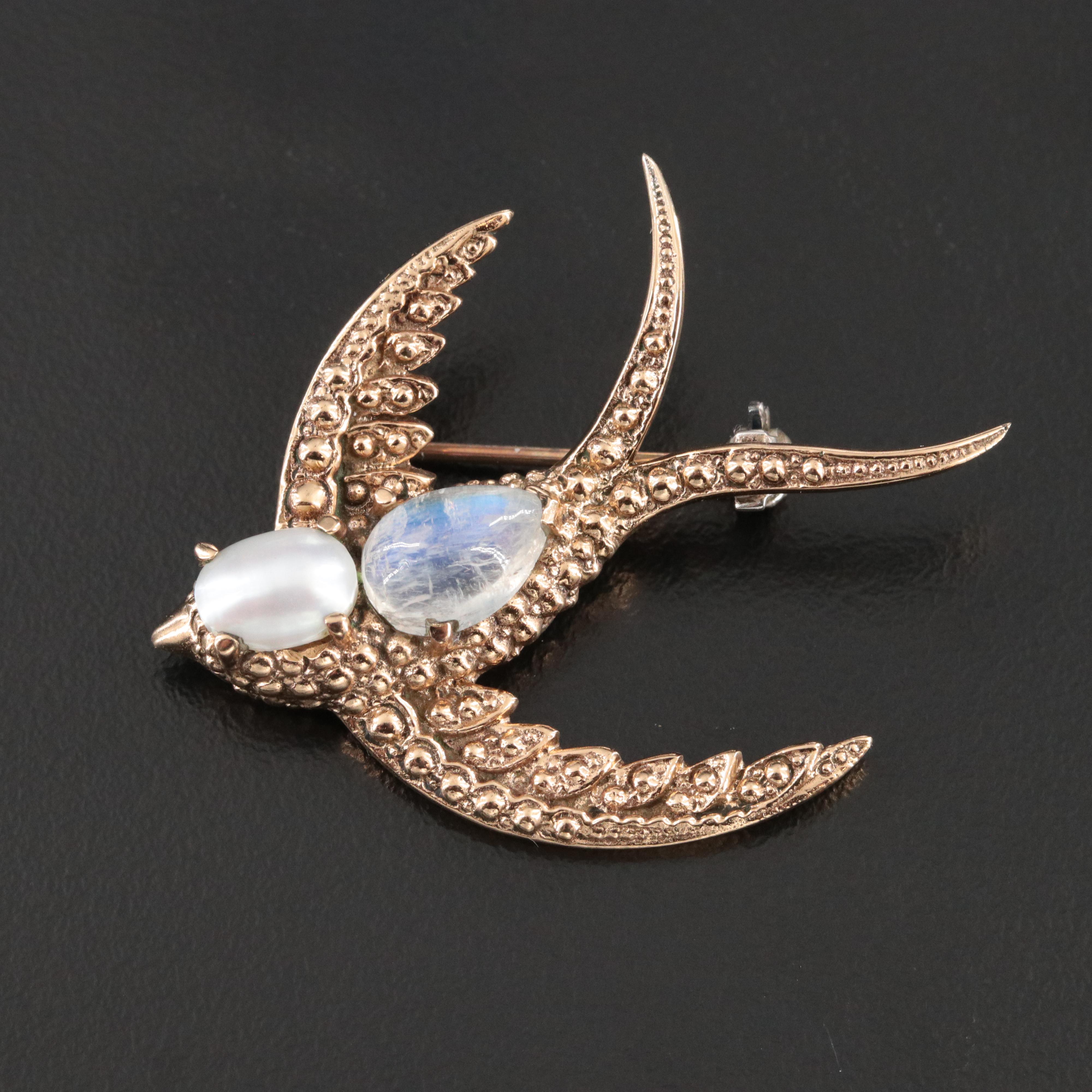 Nicky Butler Rainbow Moonstone and Pearl Swallow Brooch
