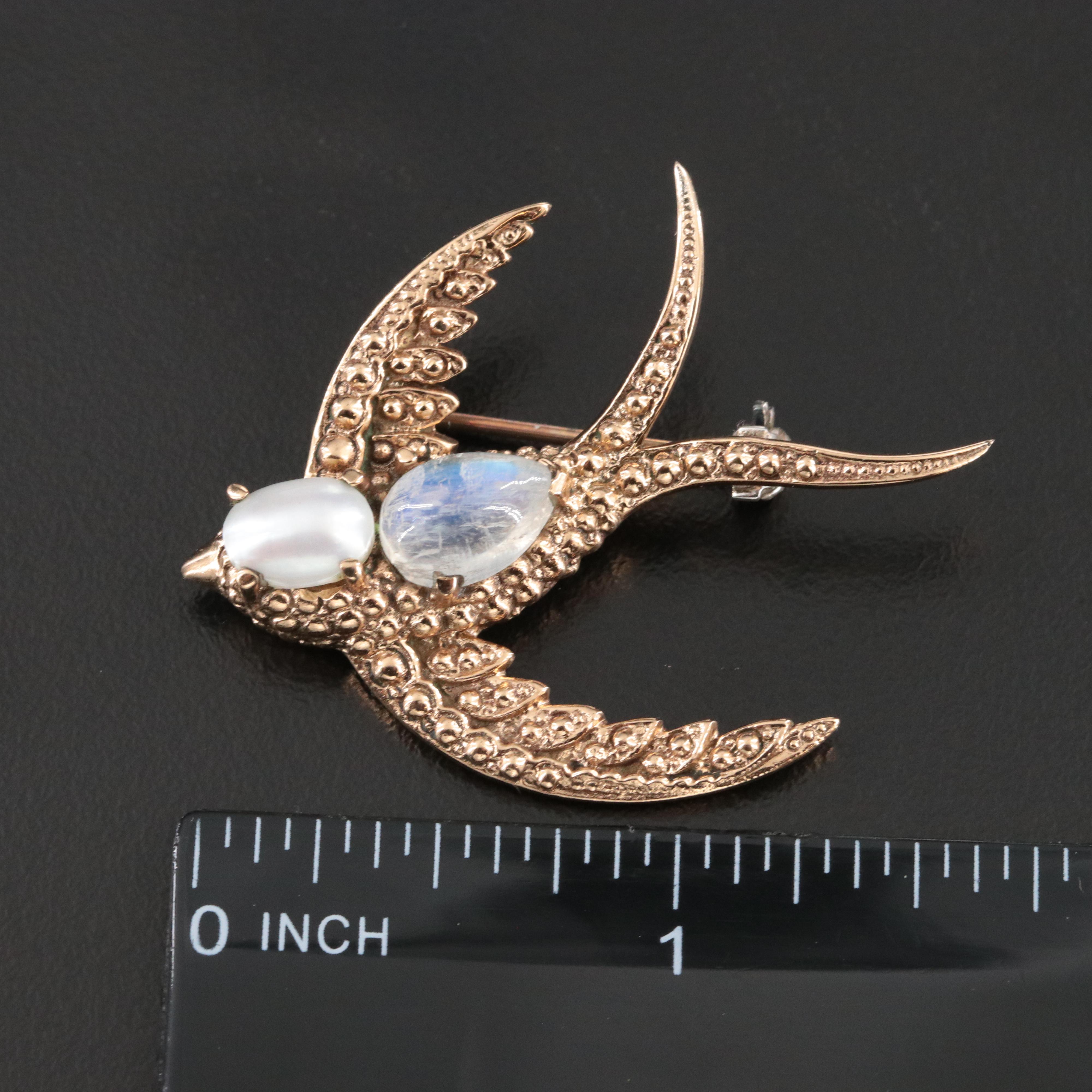 Nicky Butler Rainbow Moonstone and Pearl Swallow Brooch