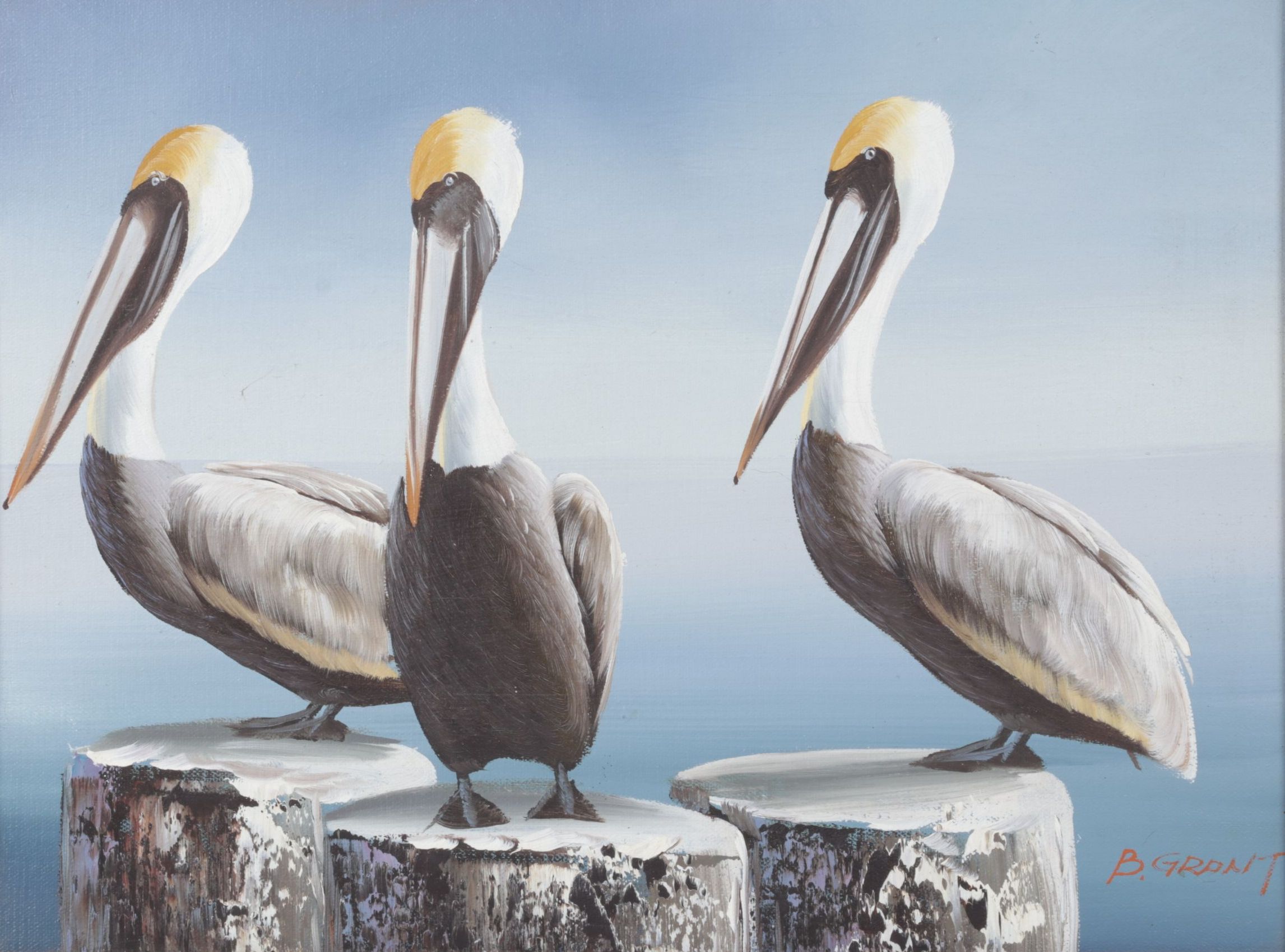 B. Grant Oil Painting After Andre Lange "Three Pelicans", 1985