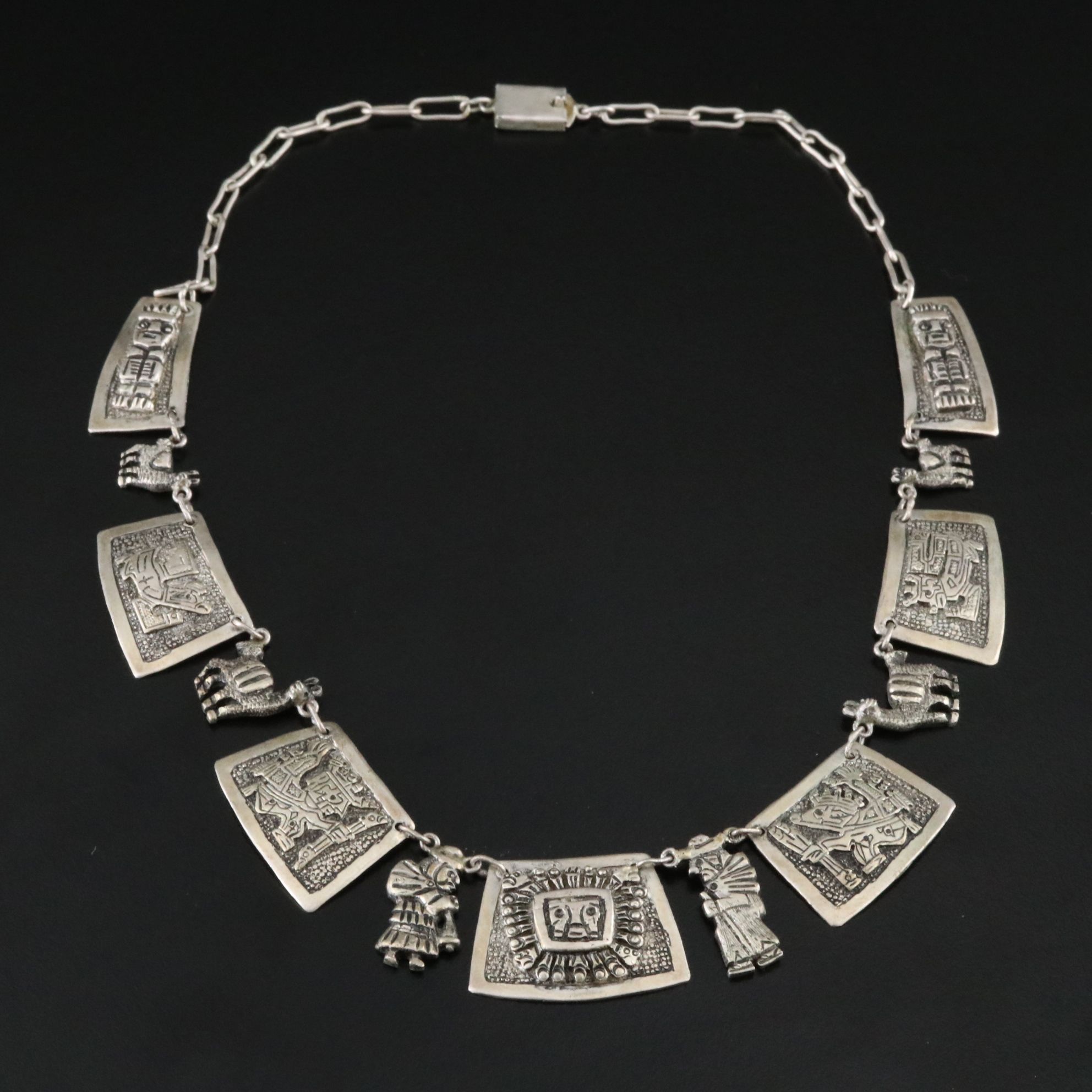 900 Silver Mesoamerican Deities Collar Necklace