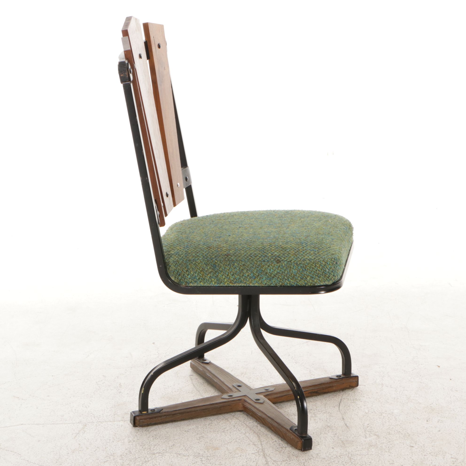 Metal Swivel Dining Chair with Upholstered Seat, Wood Back Panels and Wood Base