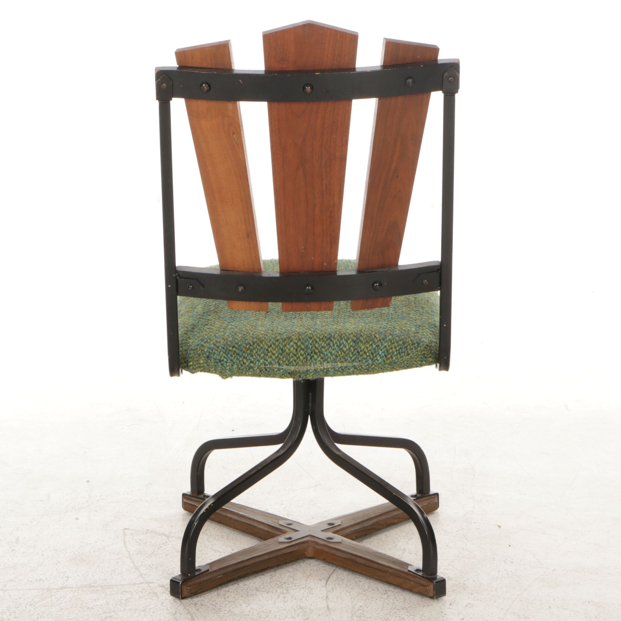 Metal Swivel Dining Chair with Upholstered Seat, Wood Back Panels and Wood Base