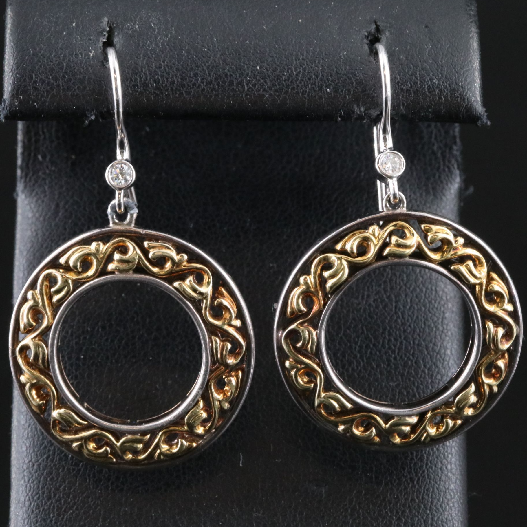 Charles Krypell Sterling and 18K Scroll Patterned Hoop Earrings with Diamond