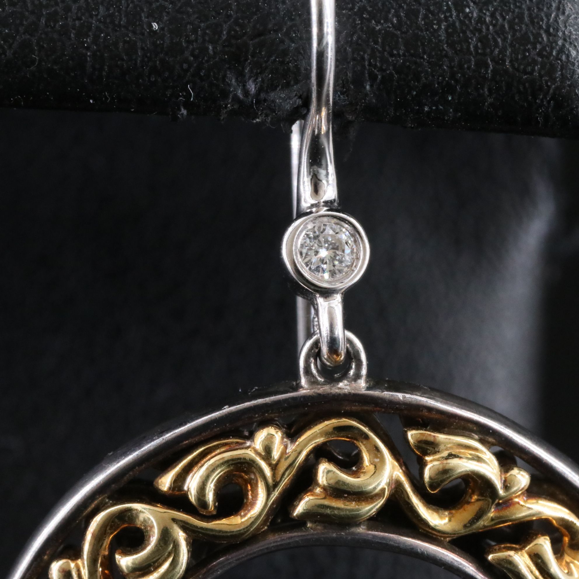 Charles Krypell Sterling and 18K Scroll Patterned Hoop Earrings with Diamond