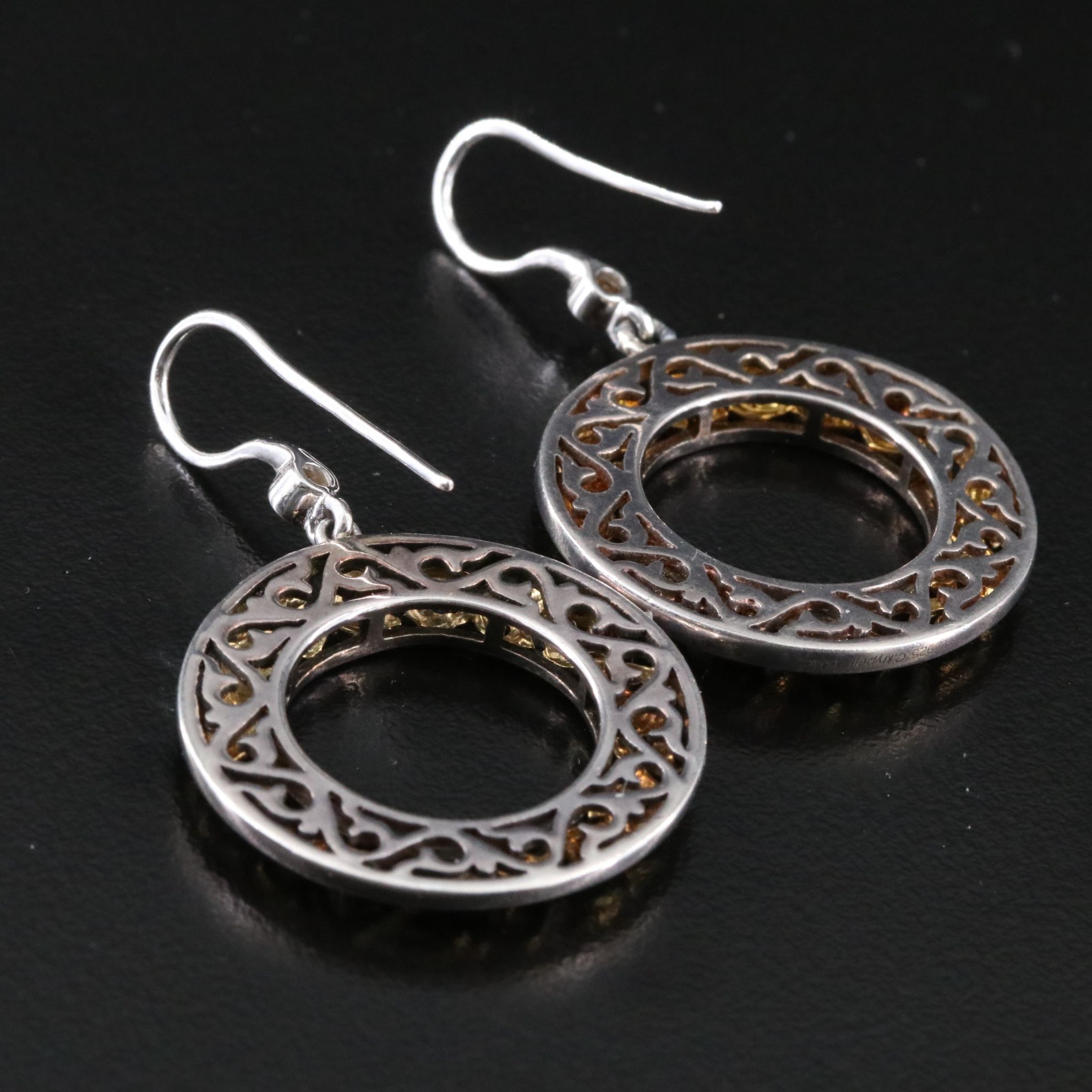 Charles Krypell Sterling and 18K Scroll Patterned Hoop Earrings with Diamond