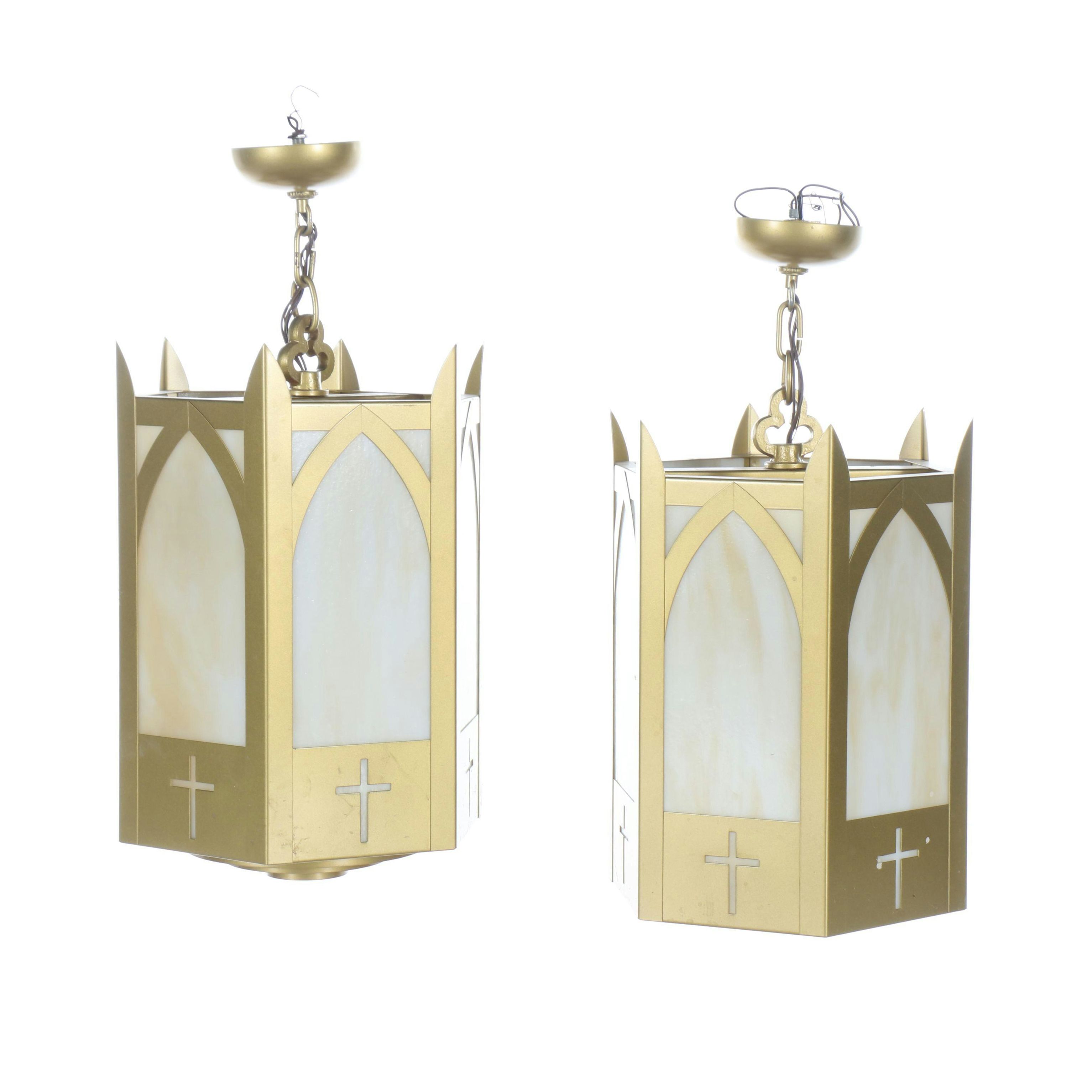 Gothic Revival Craft Metal "Hartford" Slag Glass & Gold Painted Church Pendants