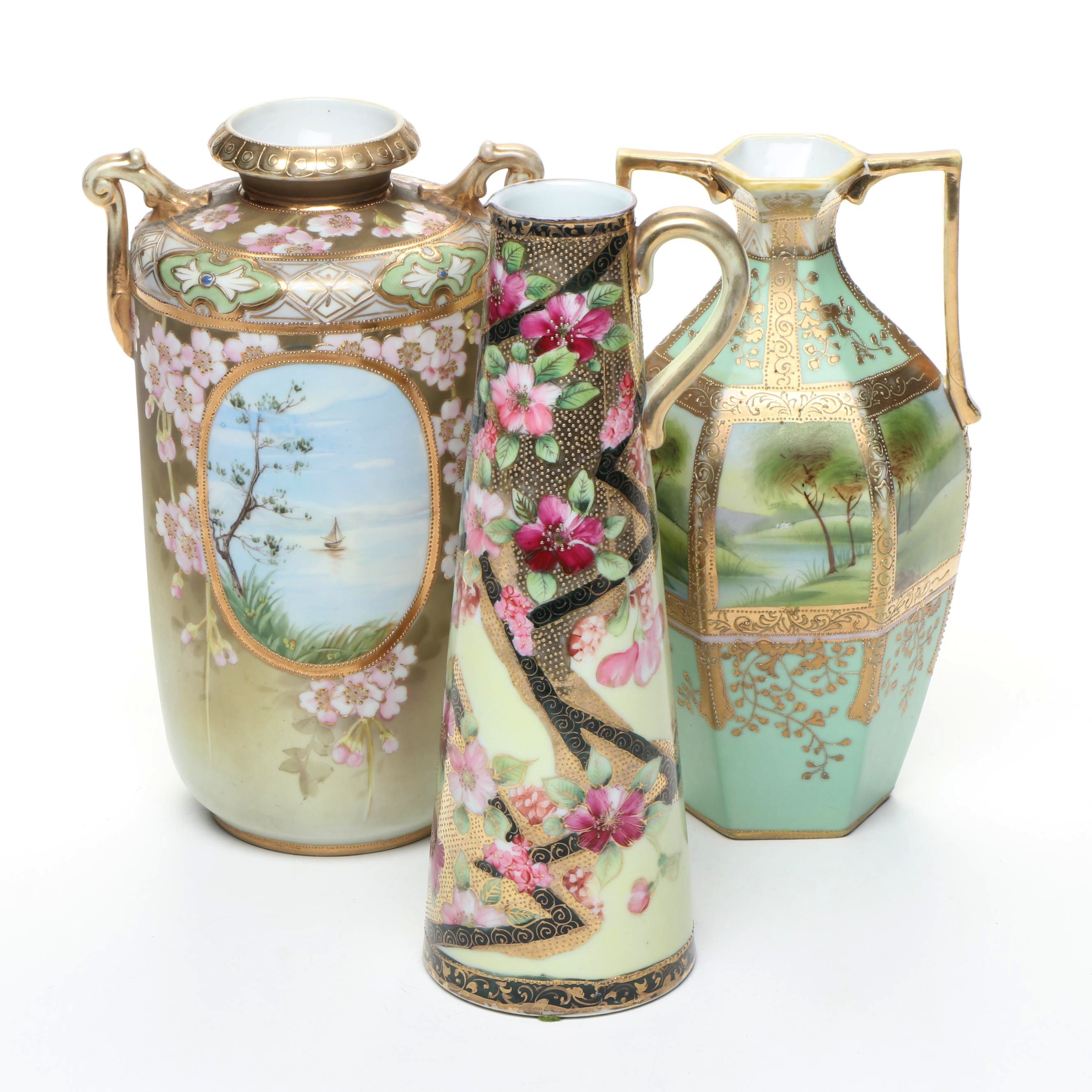 Morimura Bros. and More Gold Finish Floral Moriage Bone China Vases