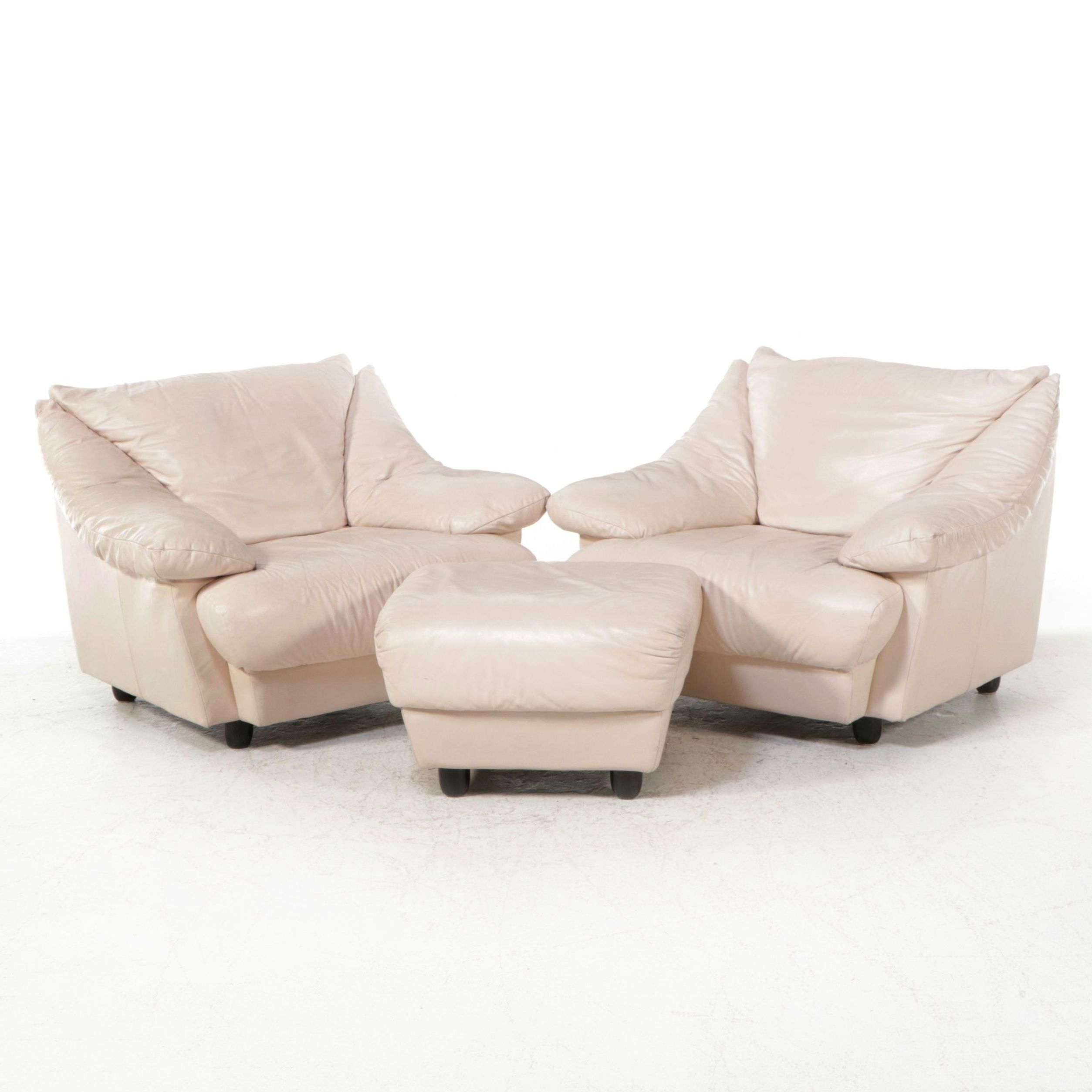 Pair of Italian Modern Style Overstuffed Leather Armchairs with Ottoman