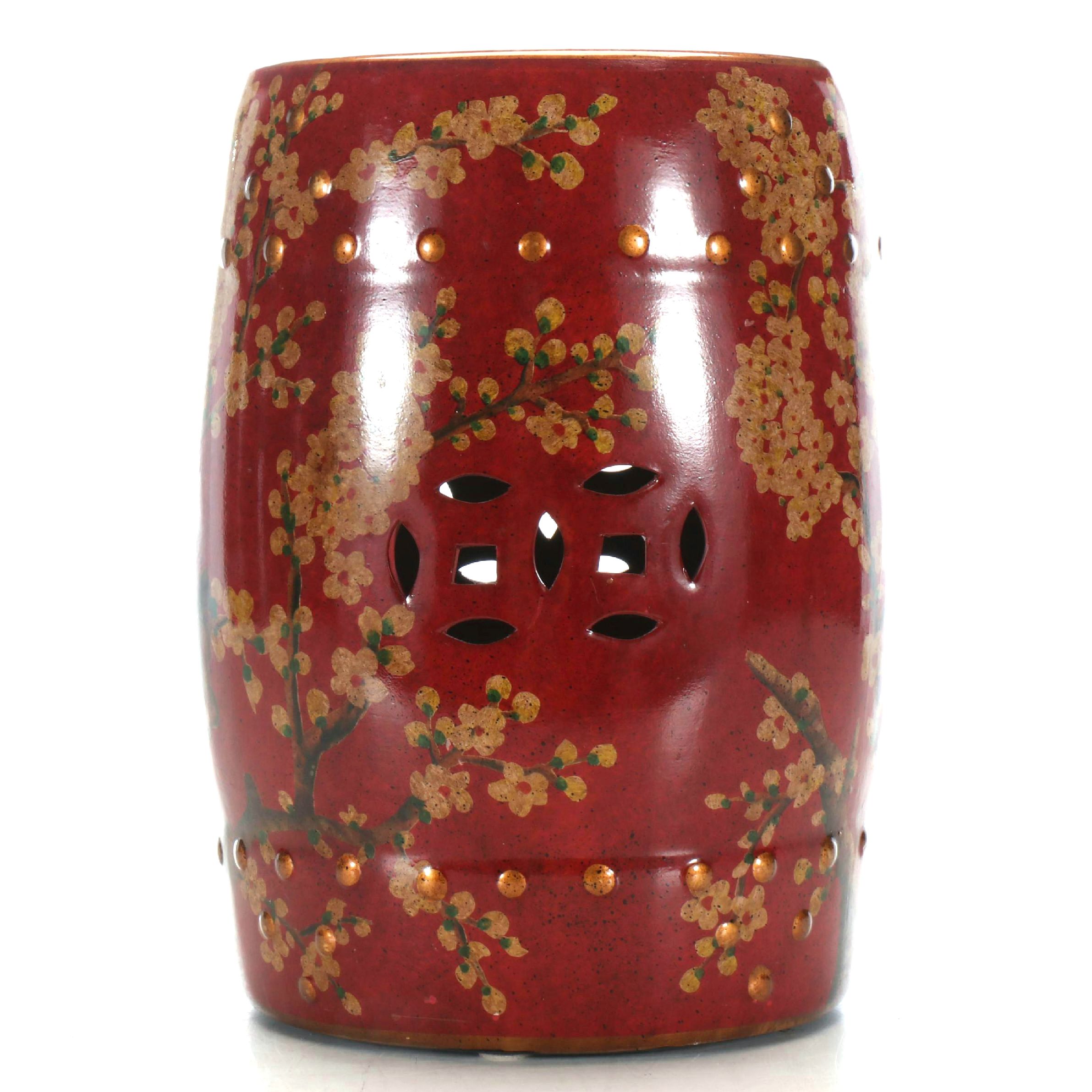 Chinese Sang de Boeuf Porcelain Garden Stool with Painted Blossoms