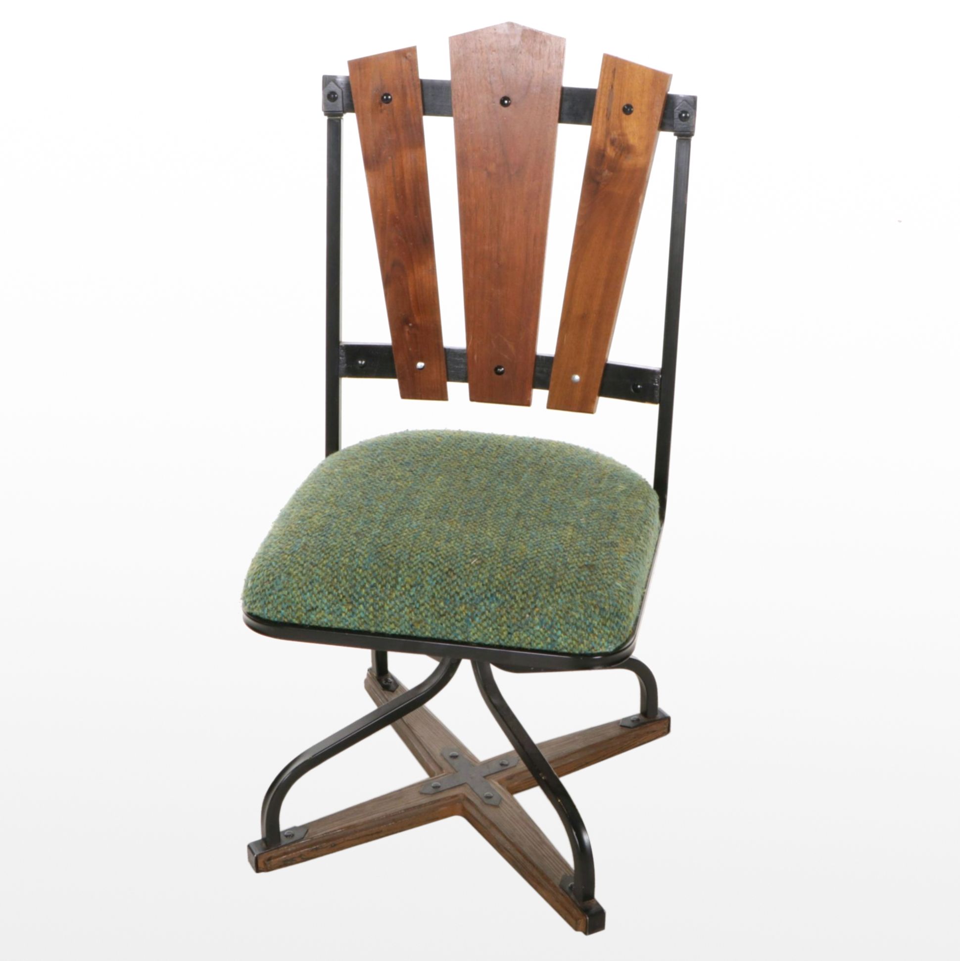 Metal Swivel Dining Chair with Upholstered Seat, Wood Back Panels and Wood Base