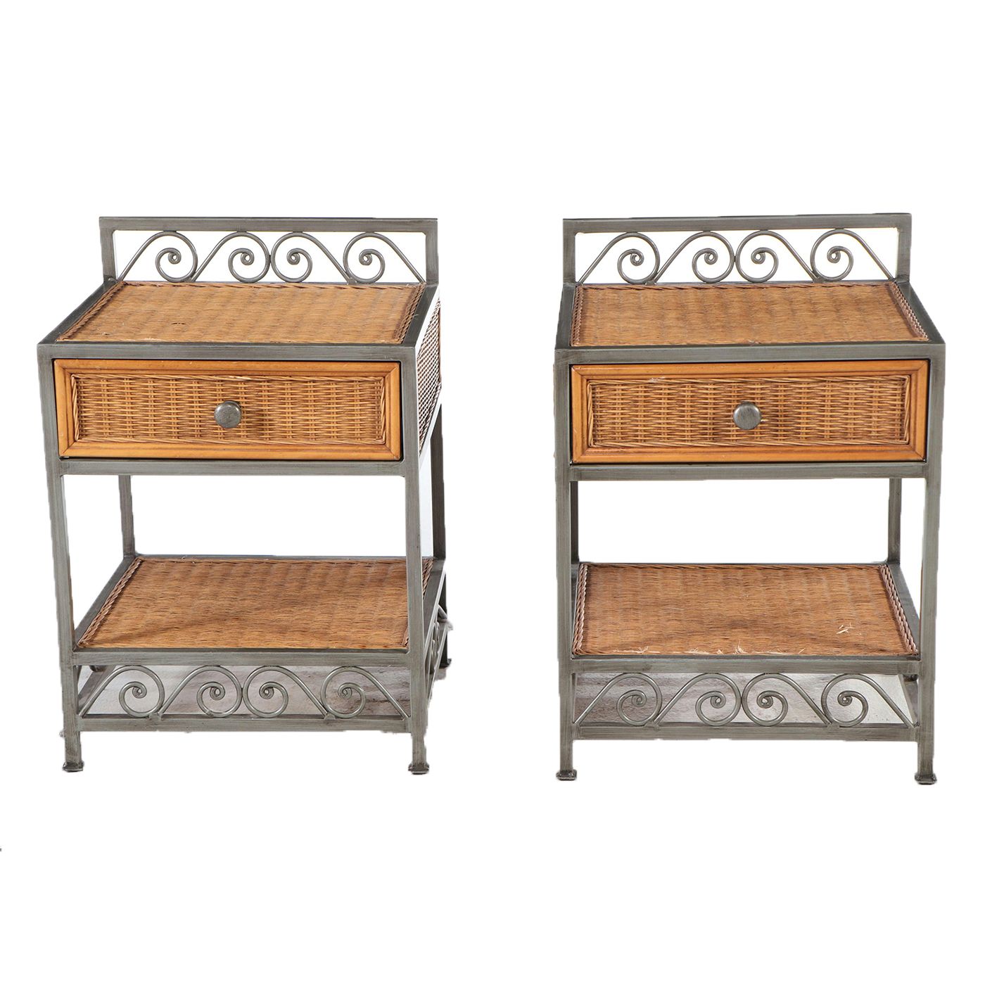 Pair of Wicker and Scrolling Metal Frame Nightstands