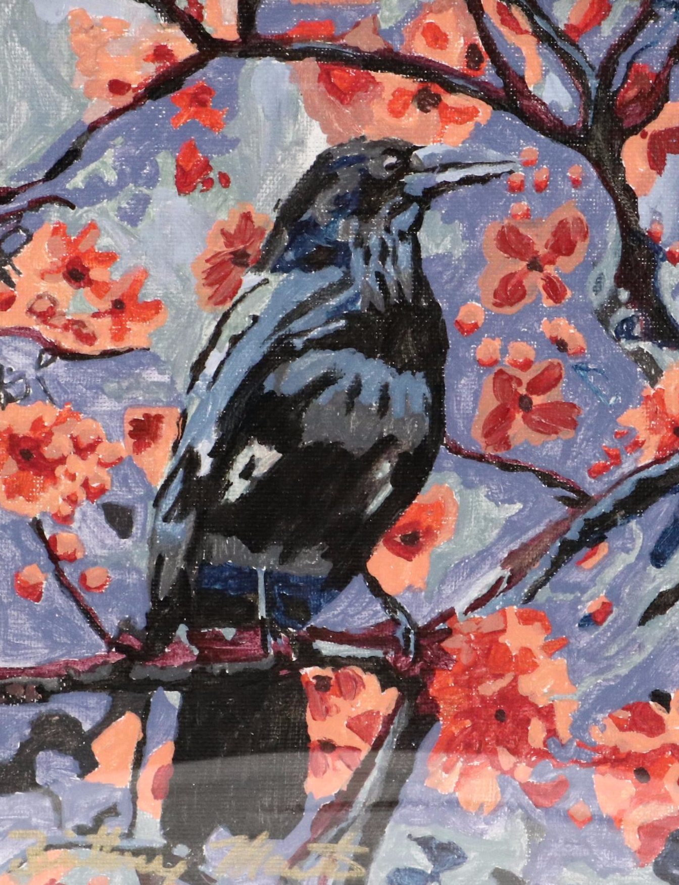 Brittony Martin Acrylic Painting "Raven in the Peach Flowers," 2025