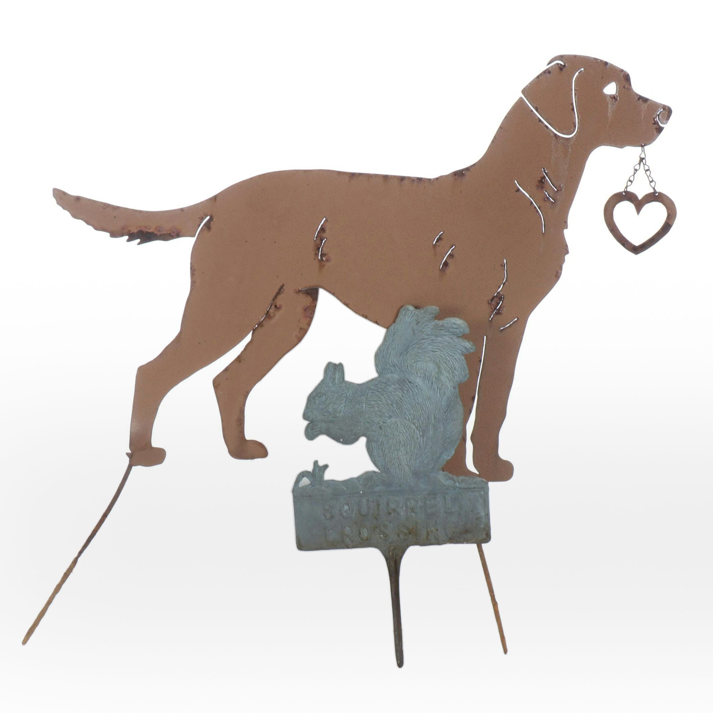 Dog and Squirrel Crossing Metal Garden Sculptures