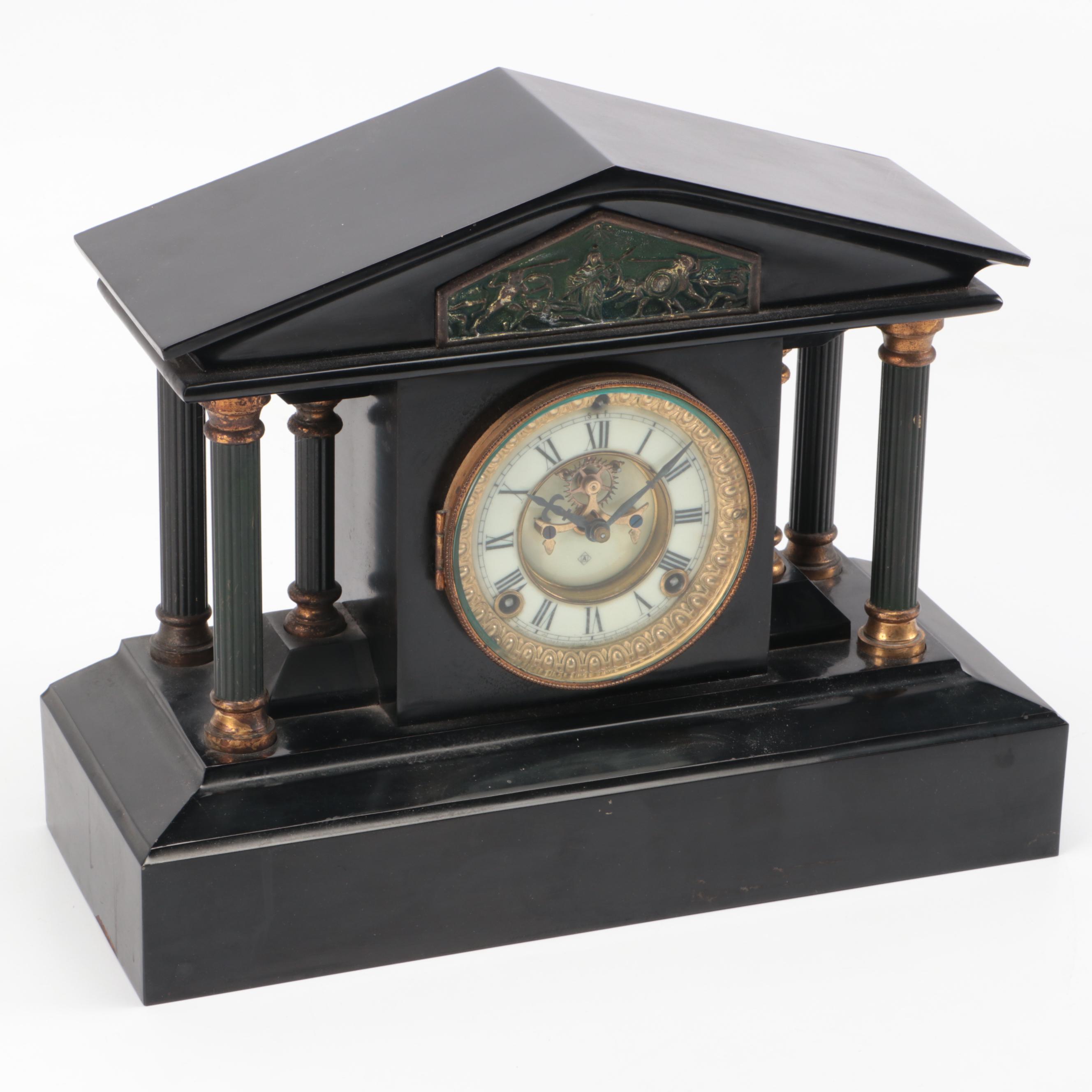 Ansonia Greek Revival Style Temple-Shaped Mantel Clock, Late 19th/Early 20th C.