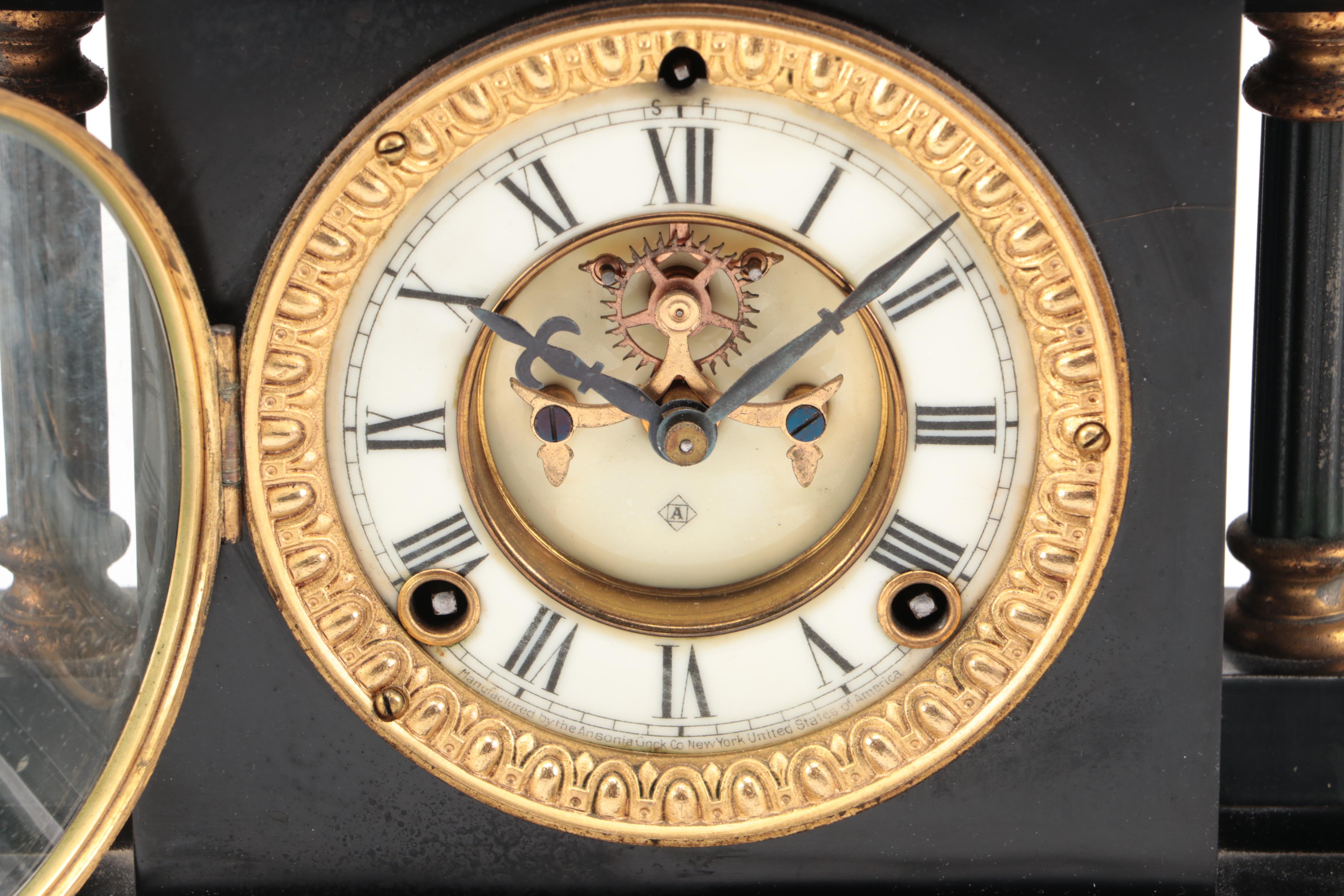 Ansonia Greek Revival Style Temple-Shaped Mantel Clock, Late 19th/Early 20th C.