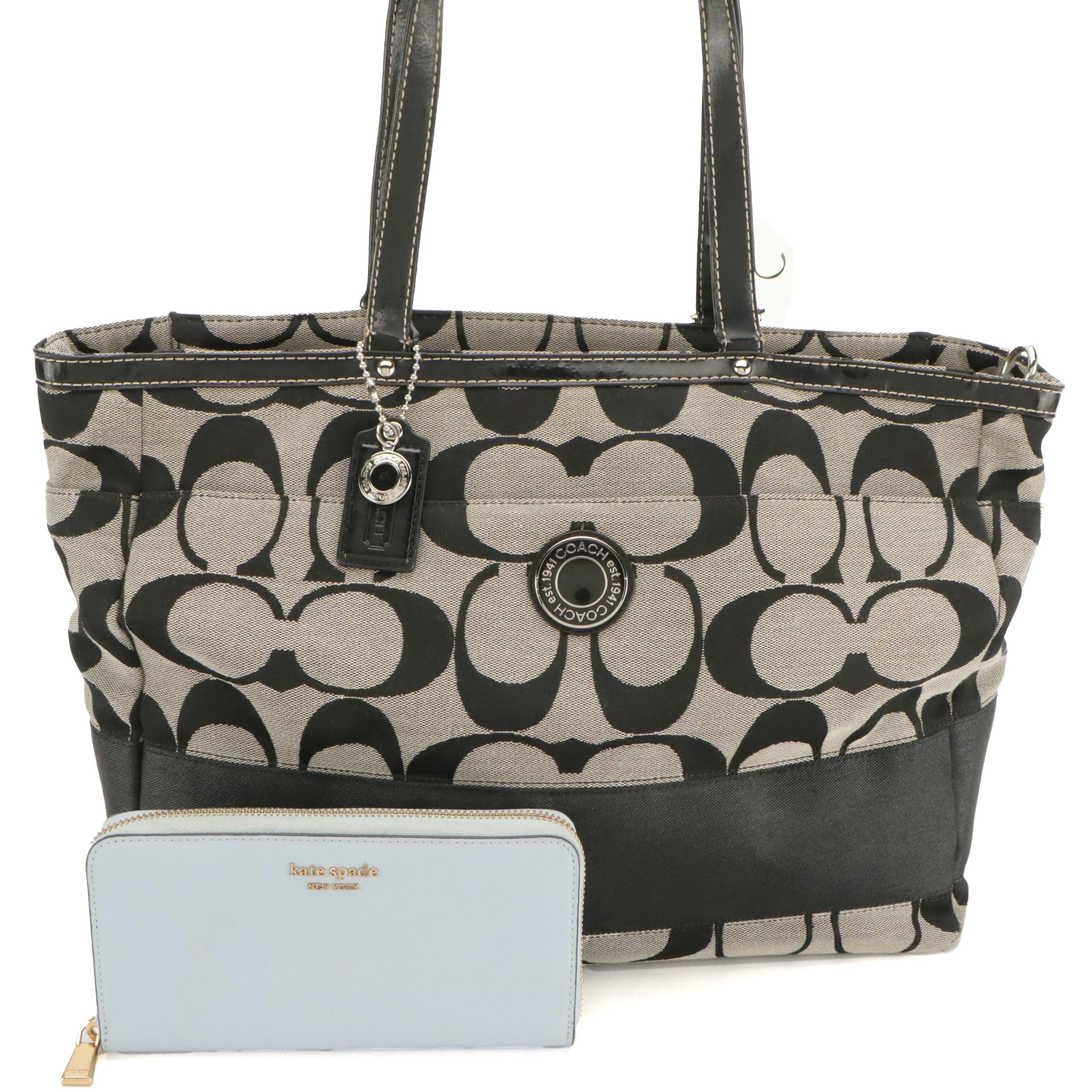 Coach Signature Canvas Diaper Tote Bag, Kate Spade Baby Blue Leather Zip Wallet