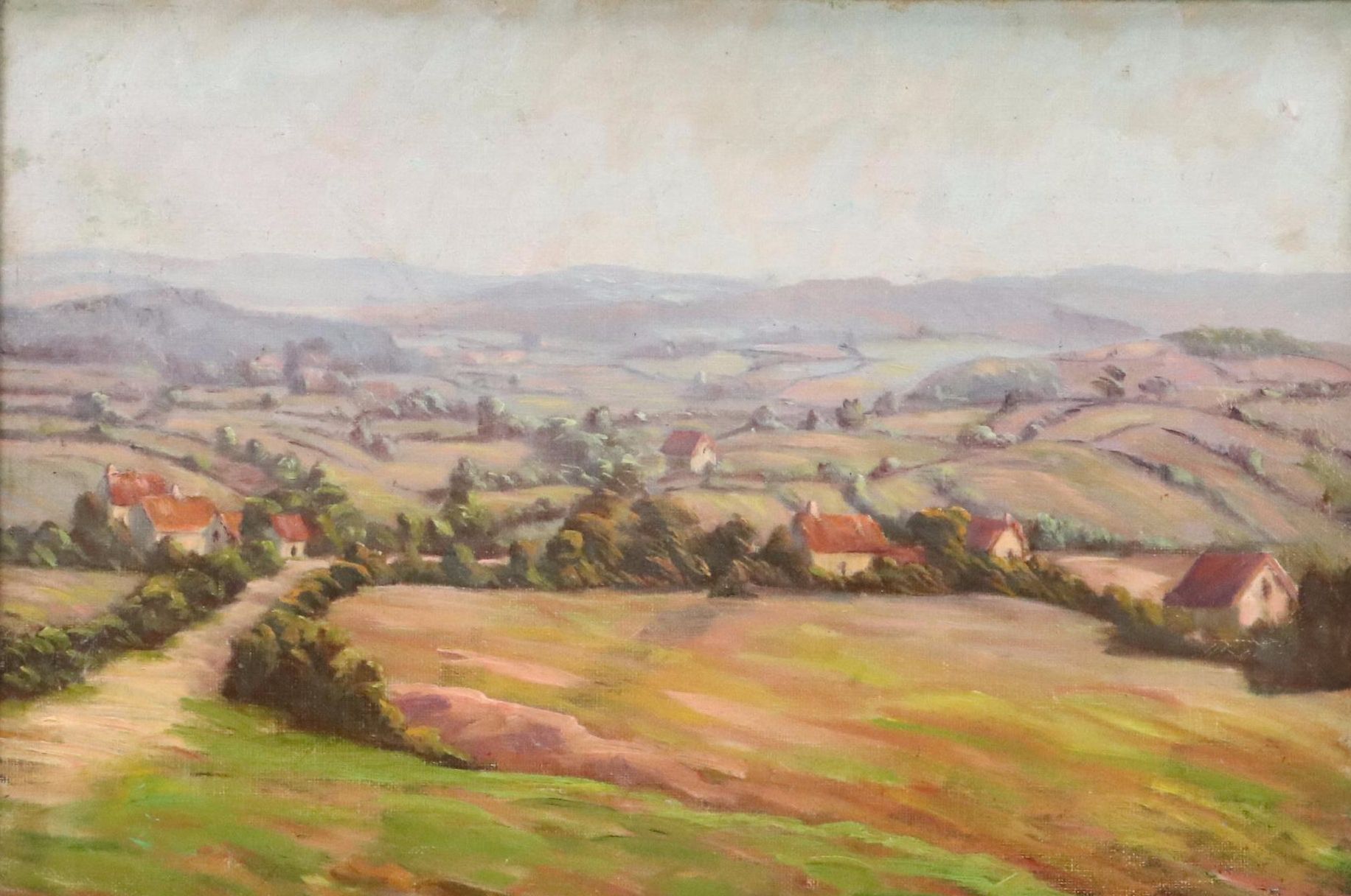 Attributed to Jeanne Reimbolte Oil Impressionistic Village, Early 20th Century