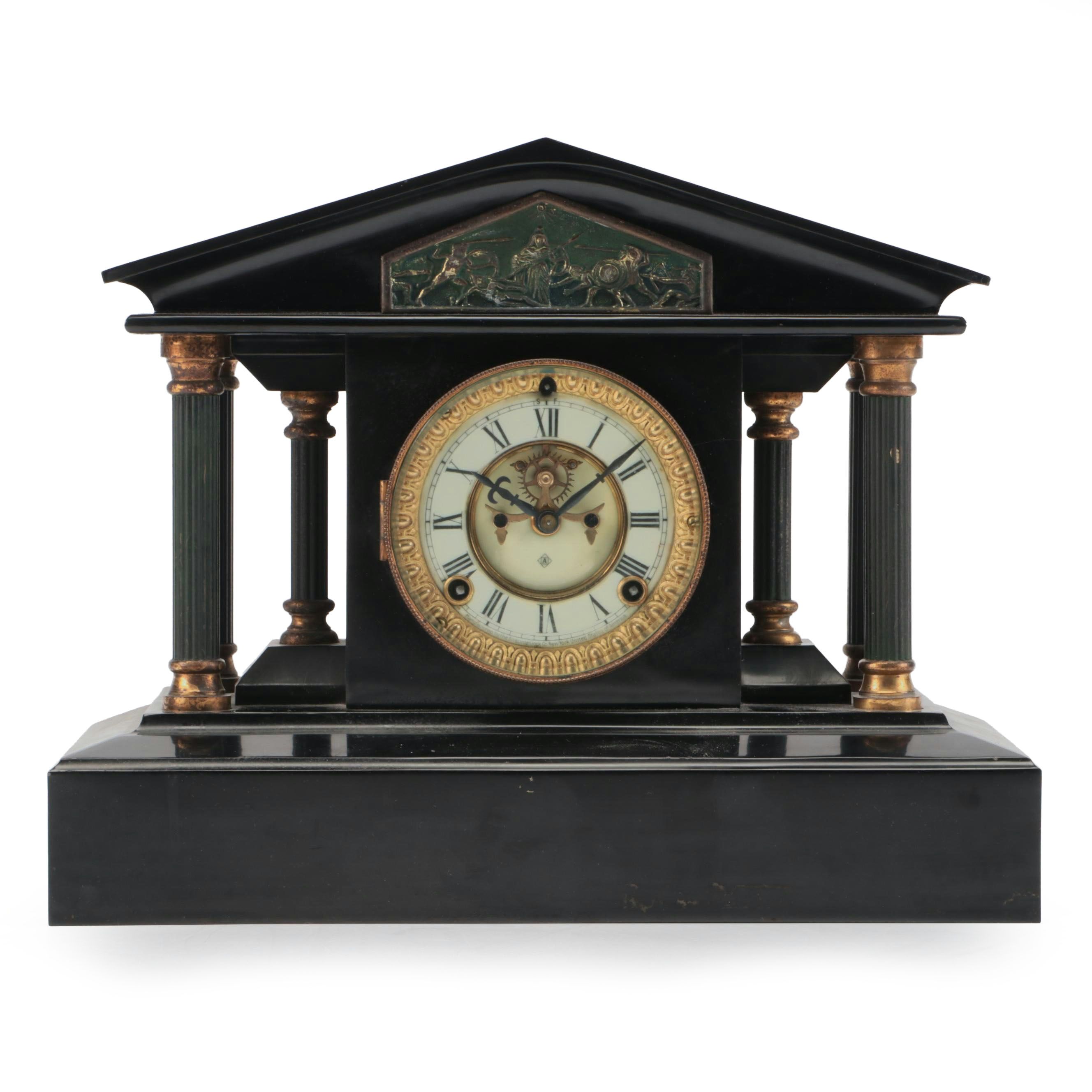 Ansonia Greek Revival Style Temple-Shaped Mantel Clock, Late 19th/Early 20th C.