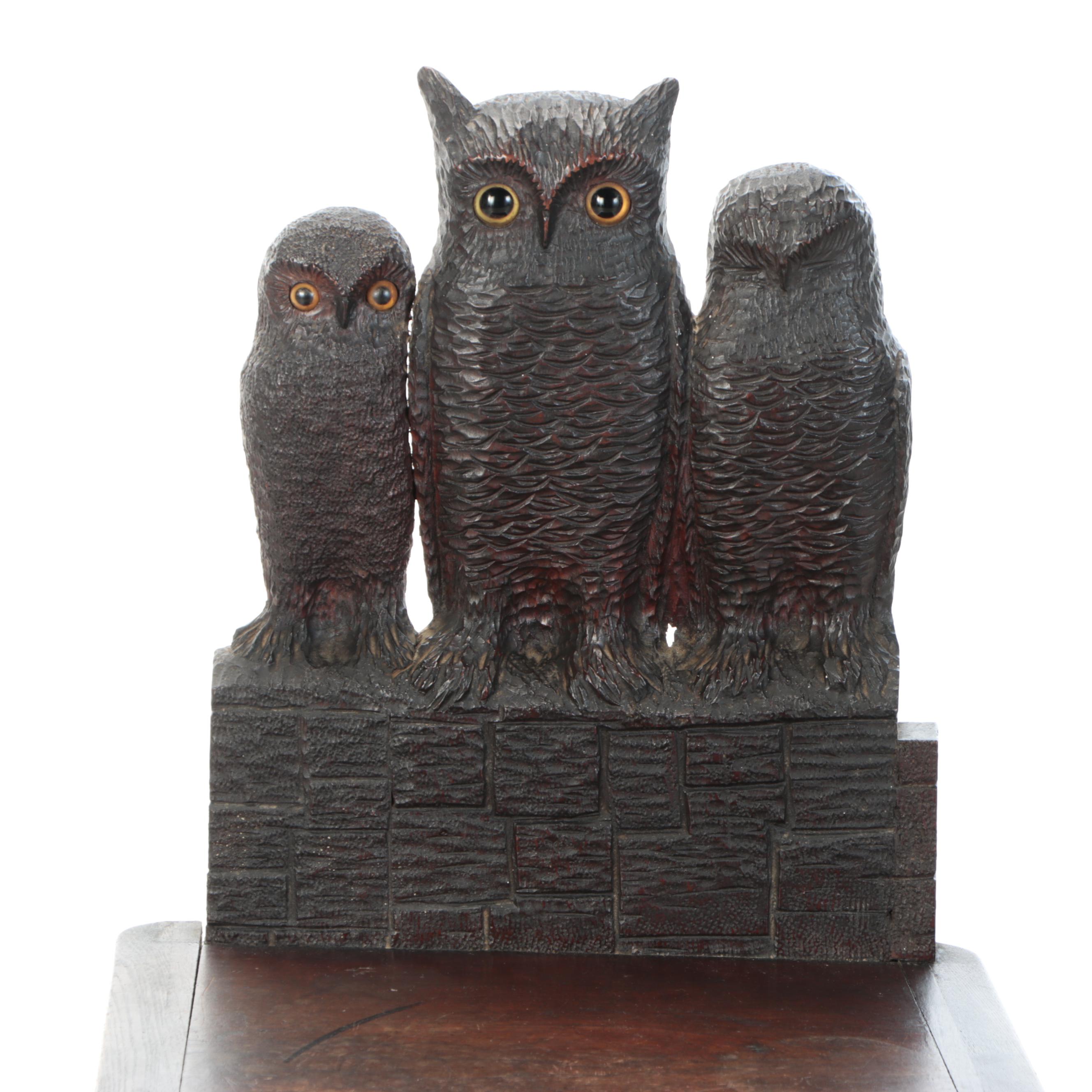 New England Folk Art Henry Leach Carved Owl and Dog Chair, Late 19th Century