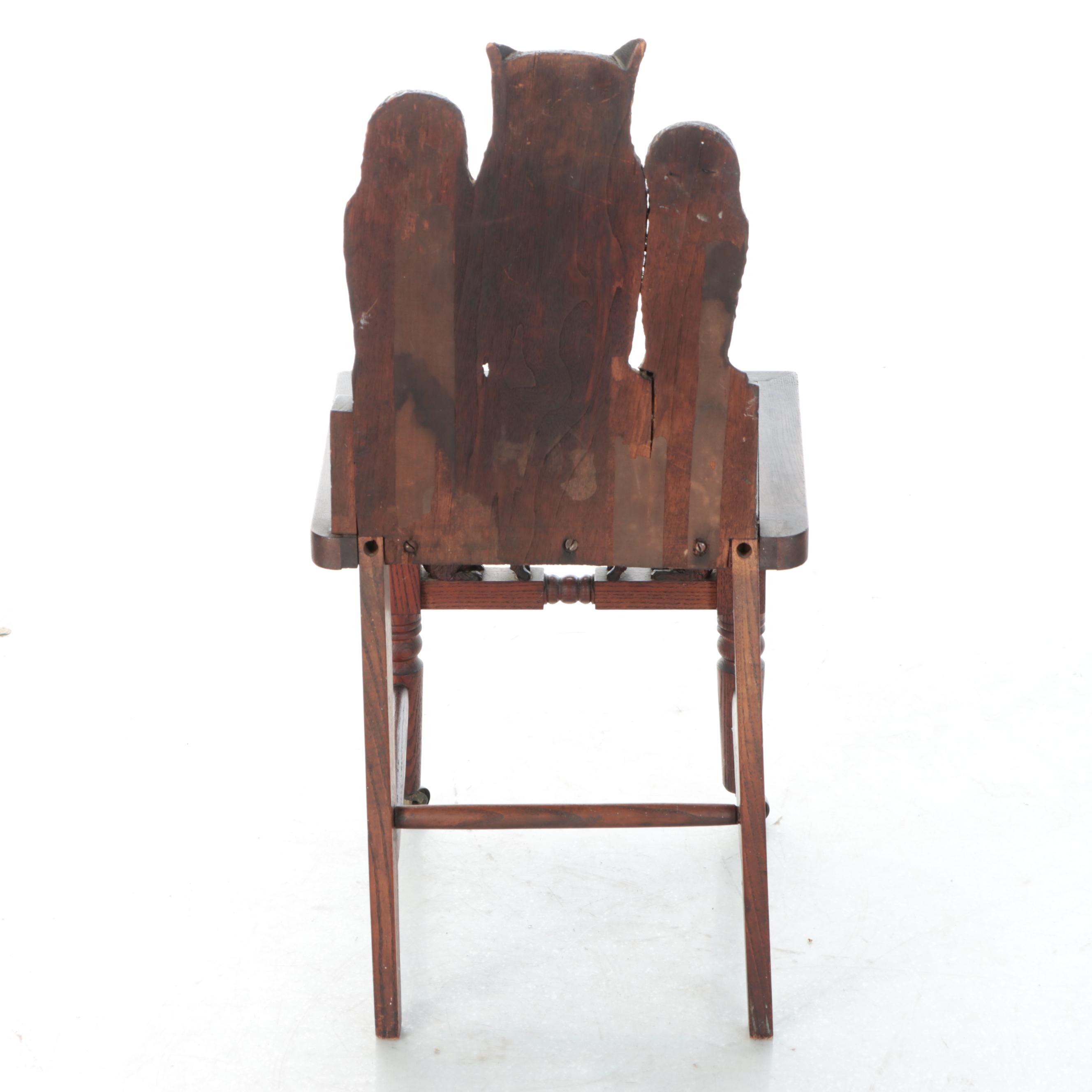 New England Folk Art Henry Leach Carved Owl and Dog Chair, Late 19th Century