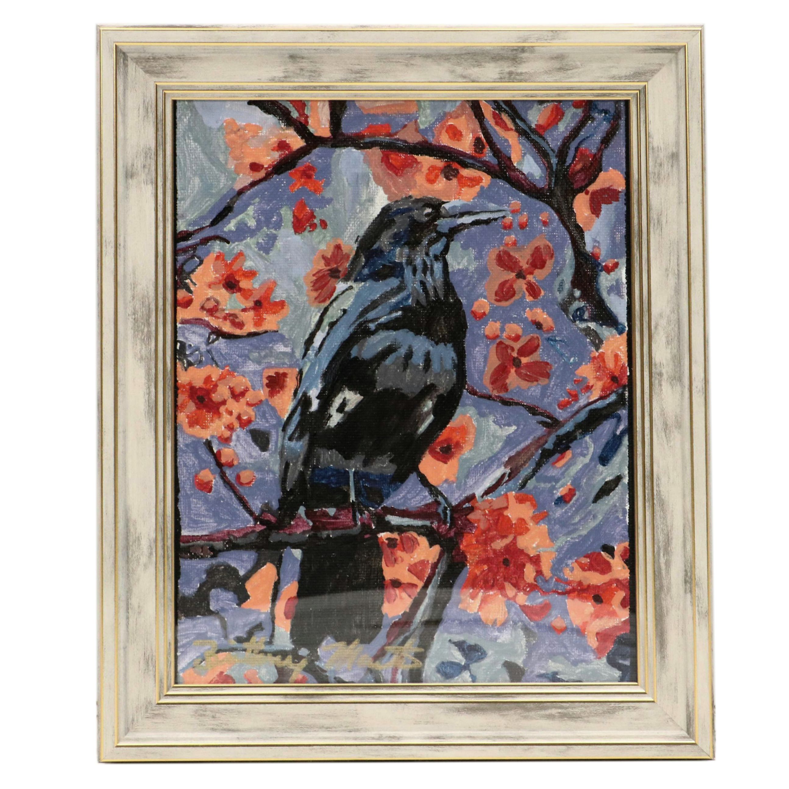 Brittony Martin Acrylic Painting "Raven in the Peach Flowers," 2025