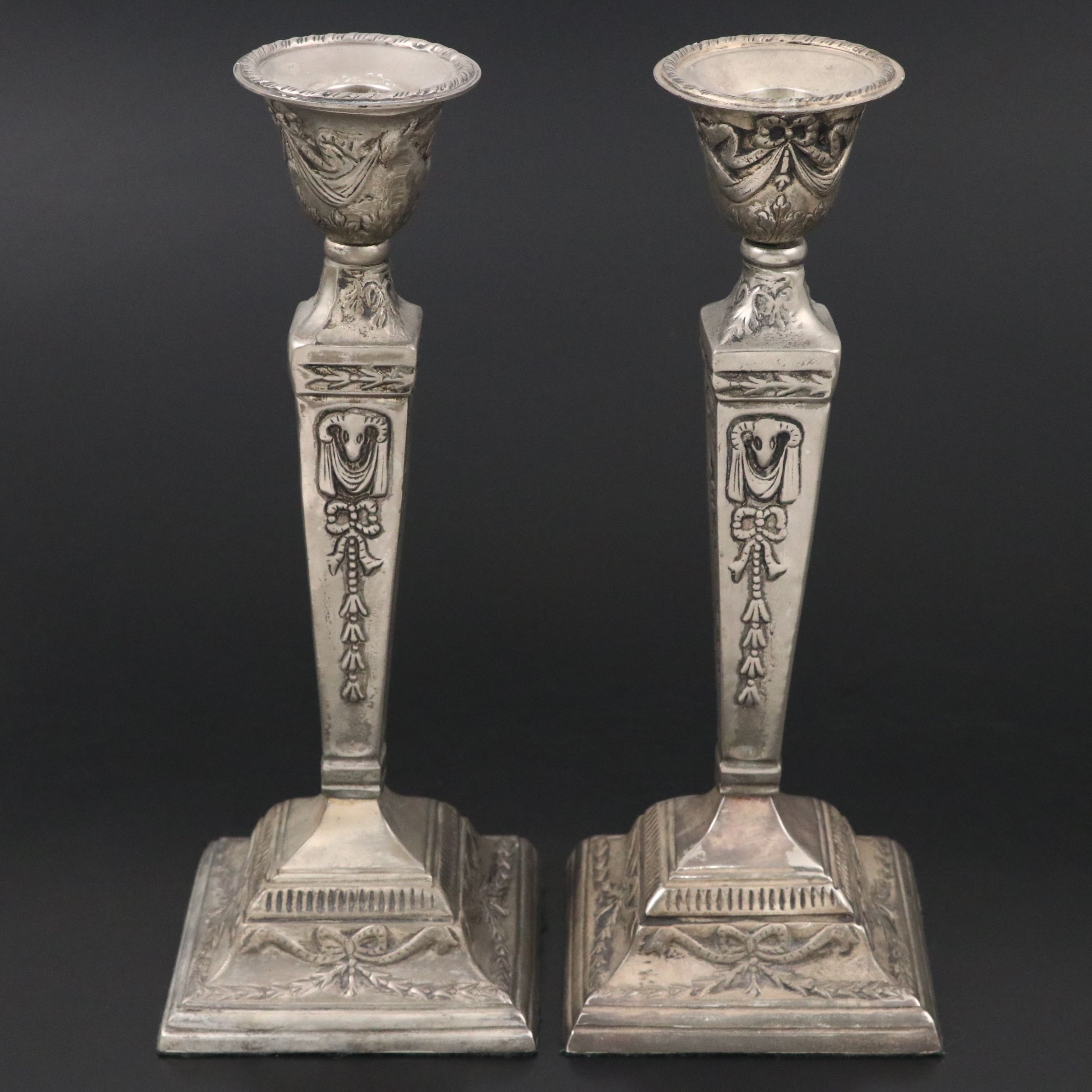 Louis XVI Style Metal Candlesticks with English Silver Plate Chamberstick