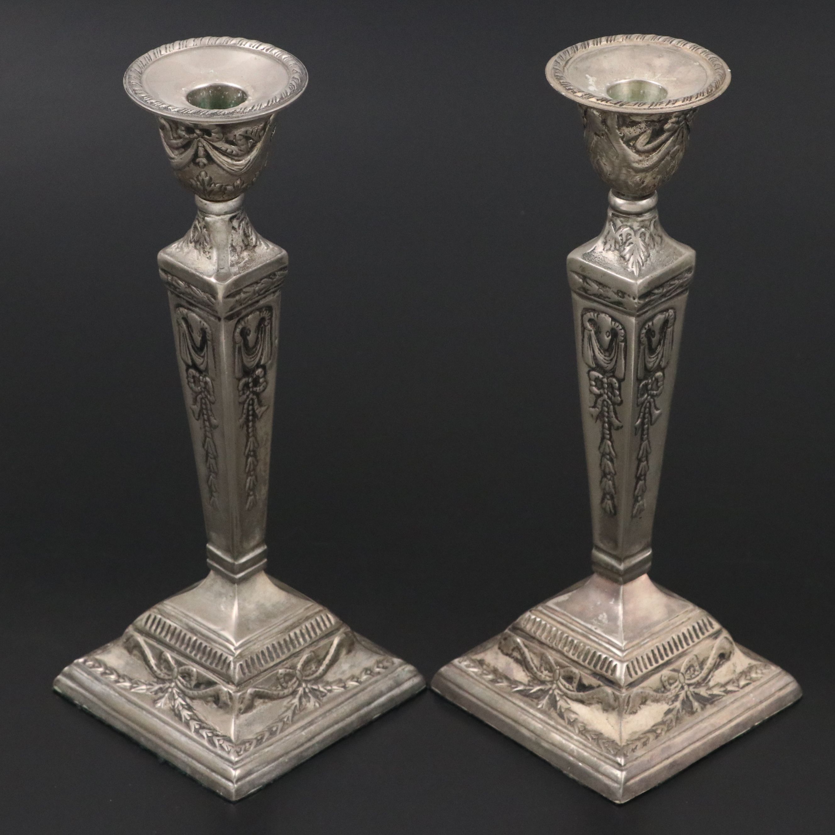 Louis XVI Style Metal Candlesticks with English Silver Plate Chamberstick