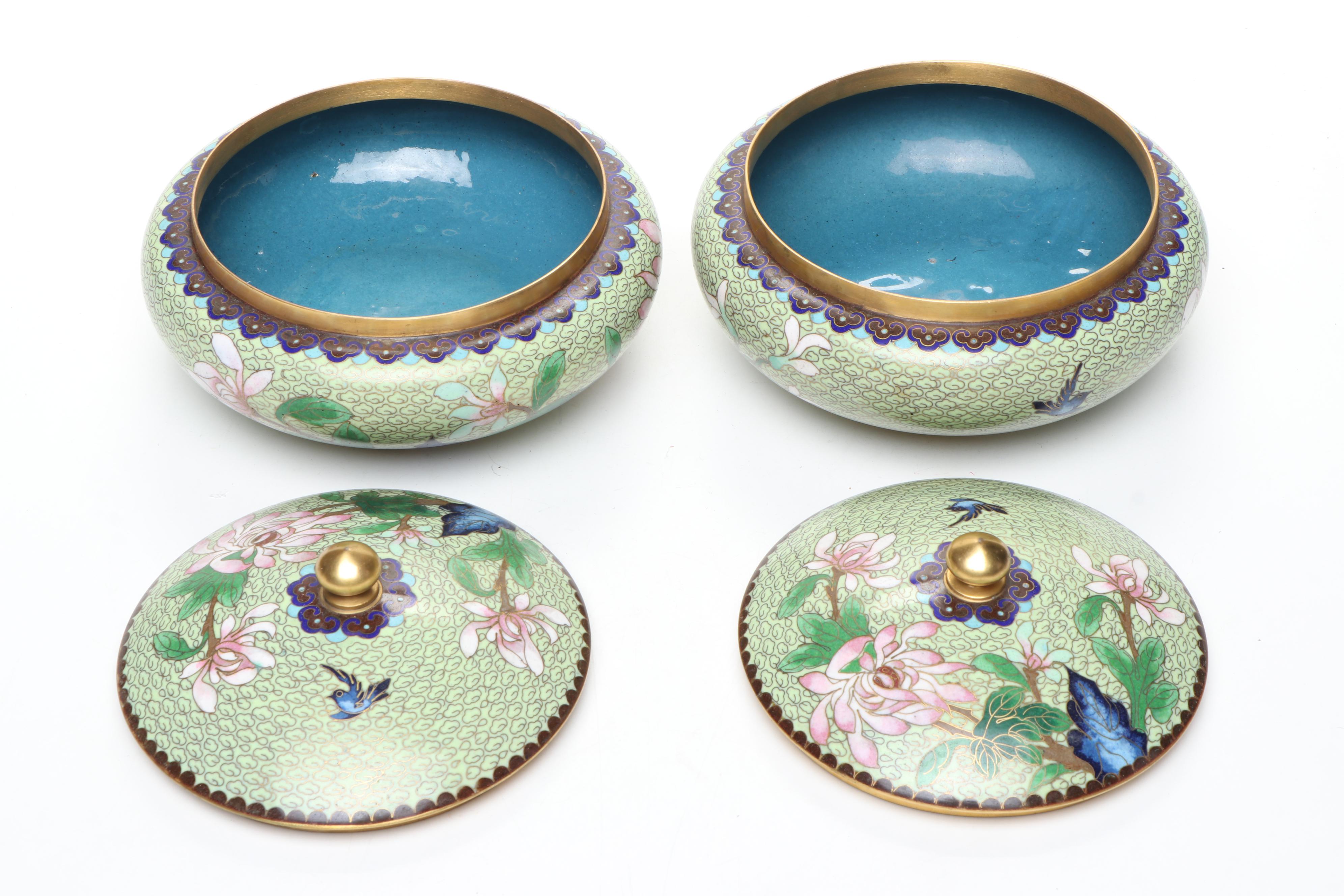 Chinese Cloisonné Floral Lidded Bowls and Vases