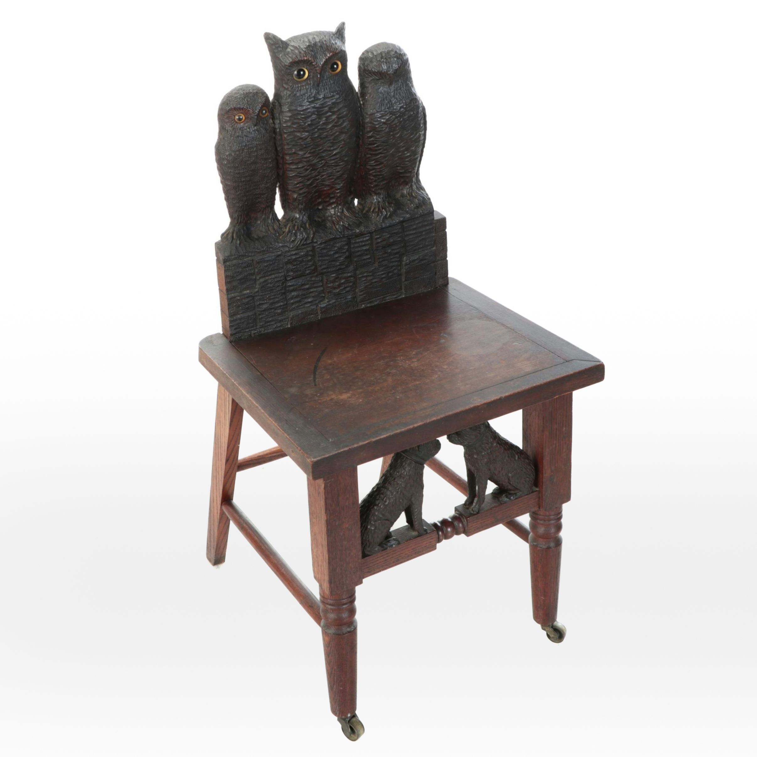 New England Folk Art Henry Leach Carved Owl and Dog Chair, Late 19th Century