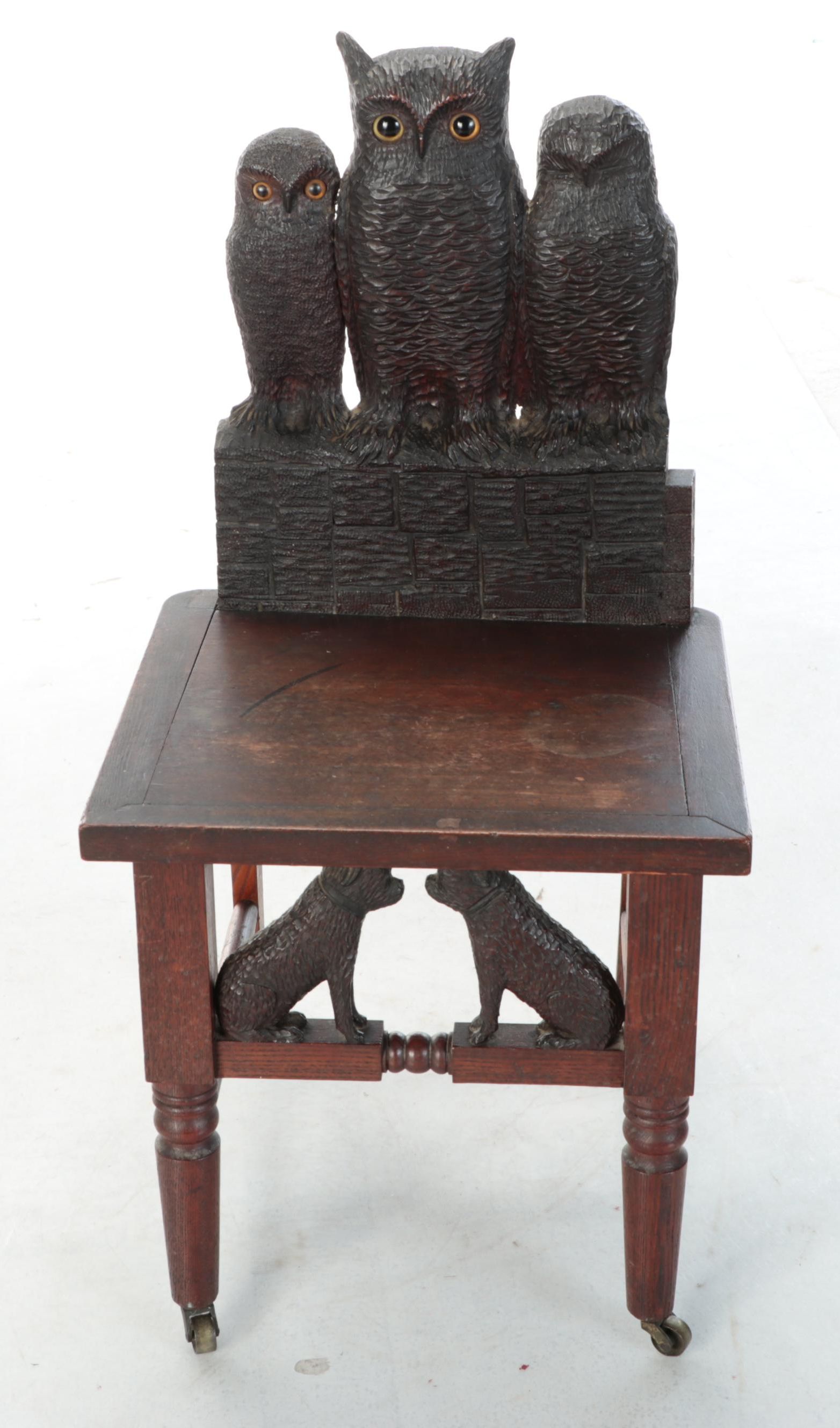 New England Folk Art Henry Leach Carved Owl and Dog Chair, Late 19th Century