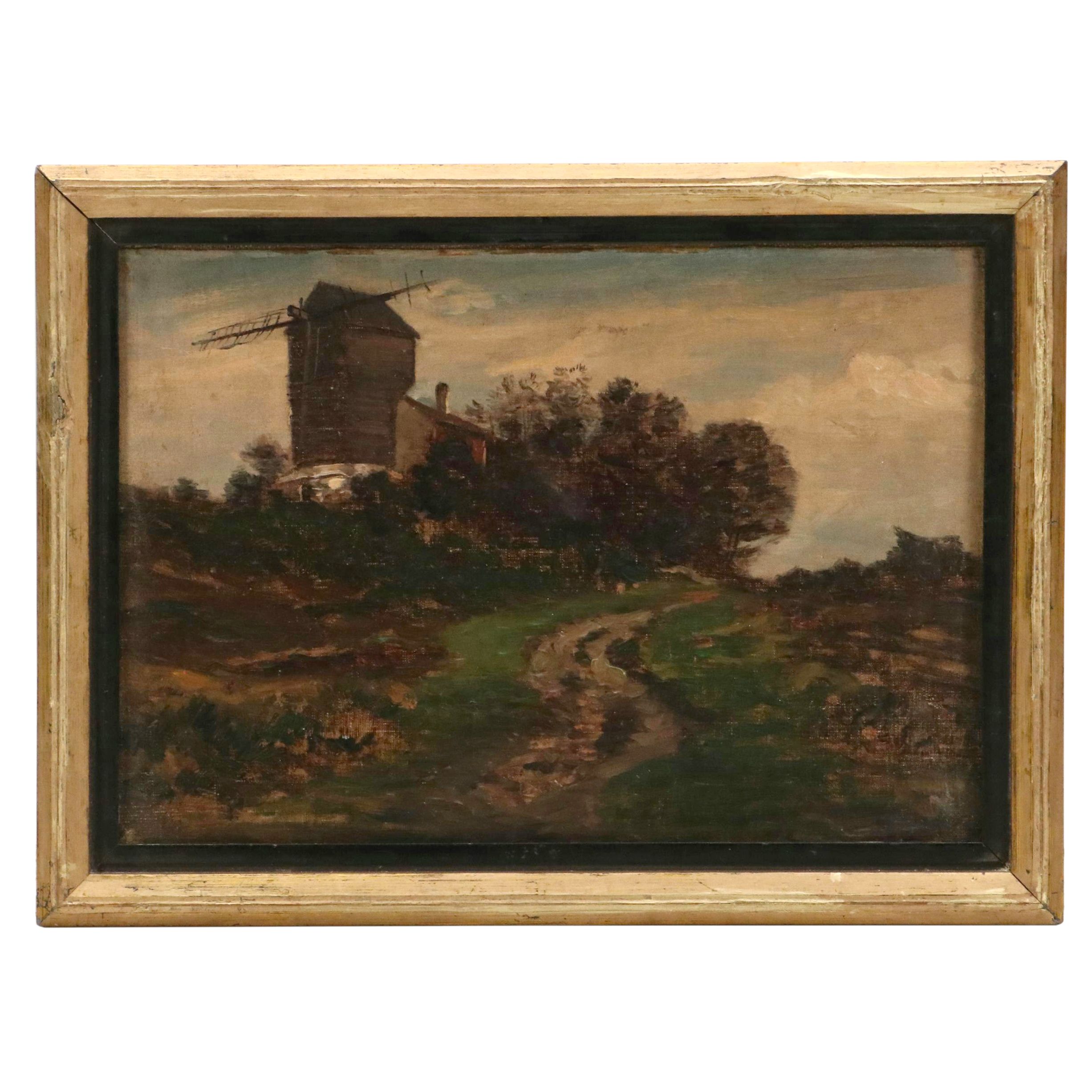 Dutch School Pastoral Scene With Windmill Oil Painting, Late 19th century