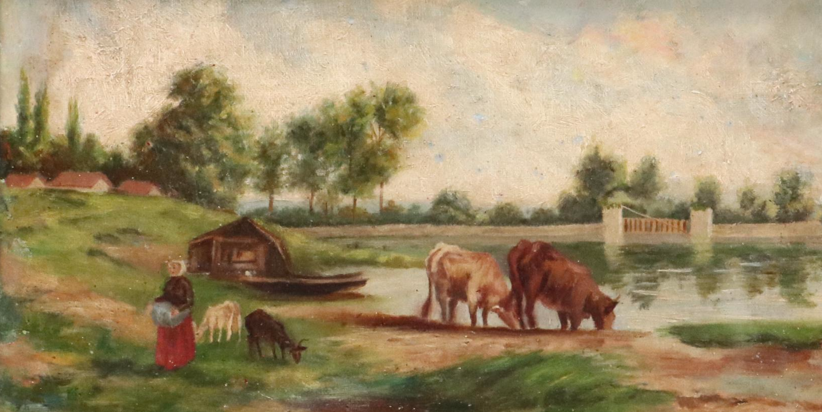 Oil Painting of Impressionistic Pastoral Farm, Early 20th Century