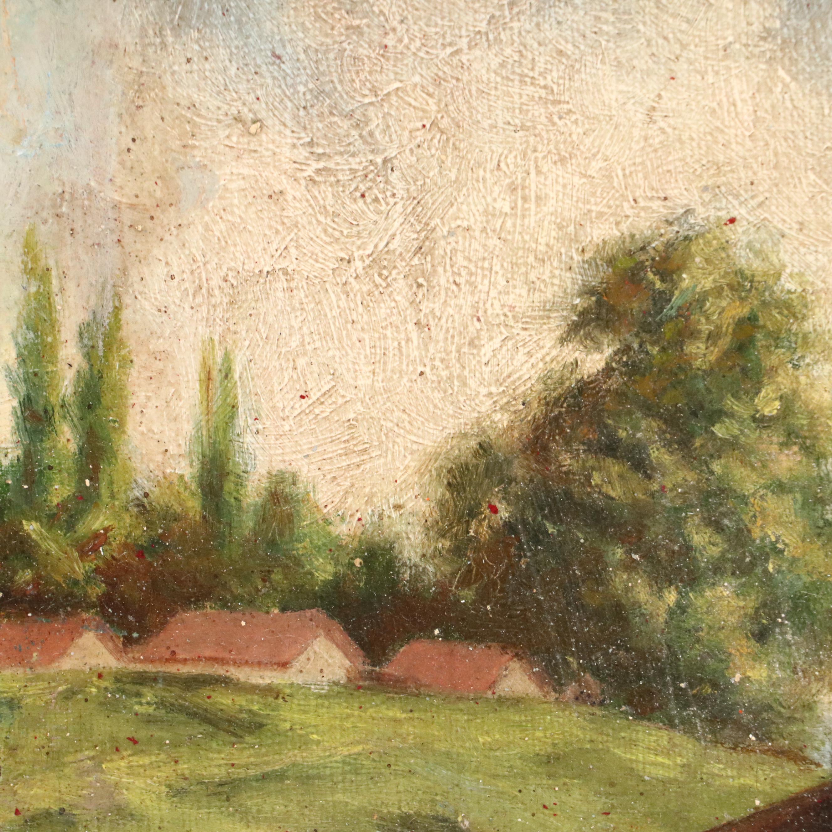 Oil Painting of Impressionistic Pastoral Farm, Early 20th Century