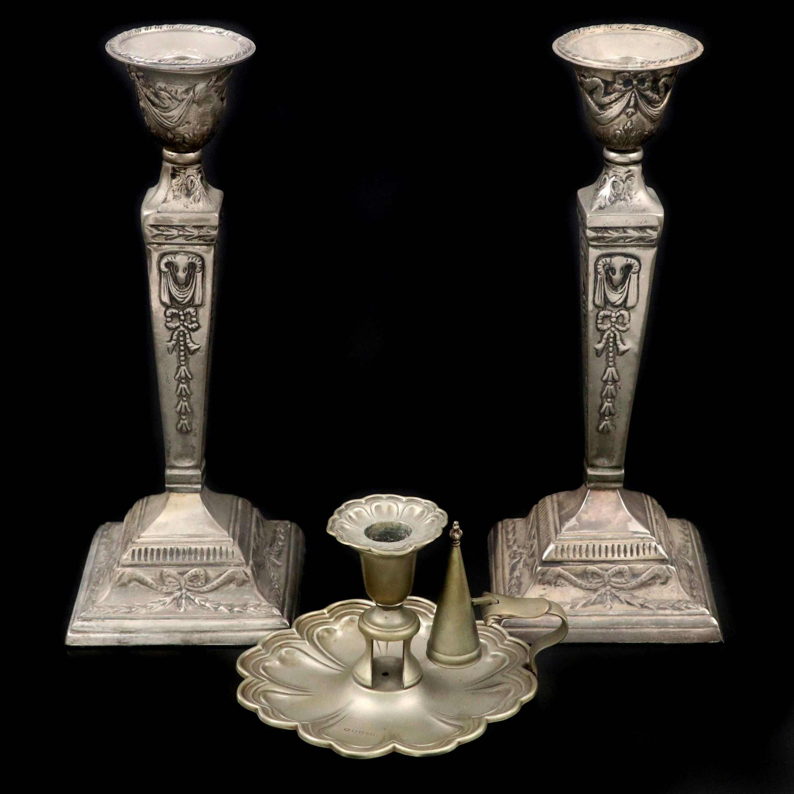 Louis XVI Style Metal Candlesticks with English Silver Plate Chamberstick