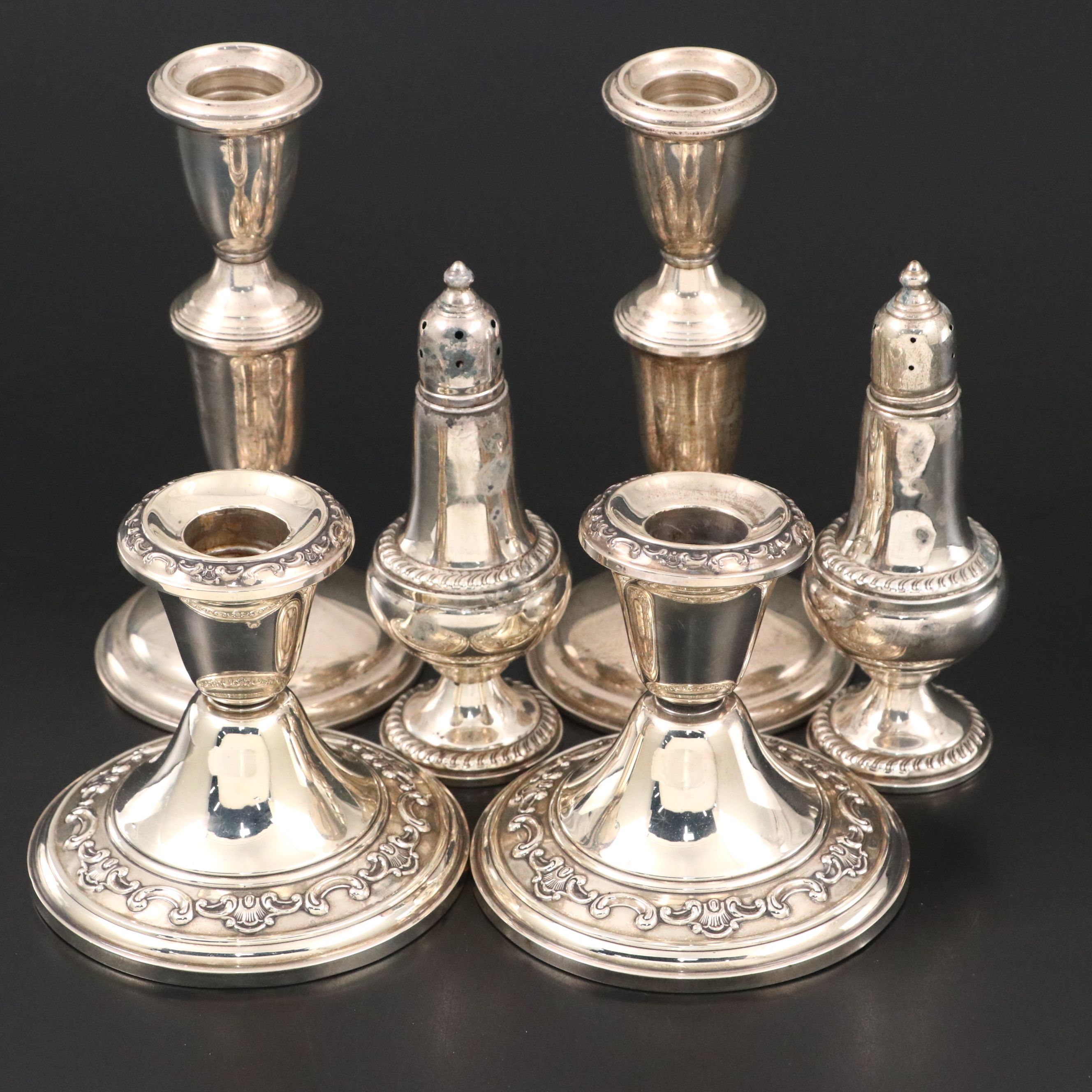 Gorham and Empire Sterling Silver Candlesticks with Empire Shakers