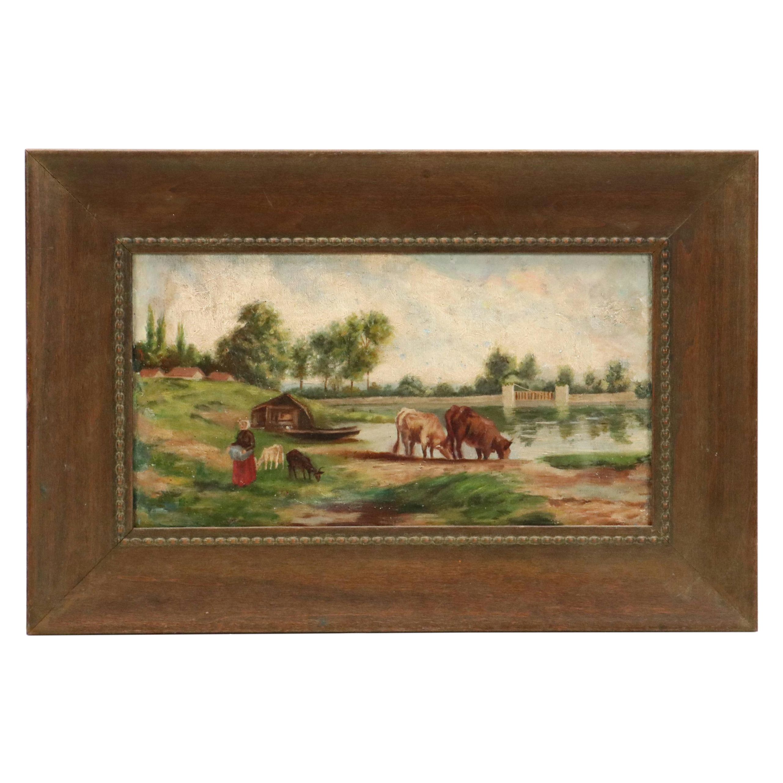 Oil Painting of Impressionistic Pastoral Farm, Early 20th Century