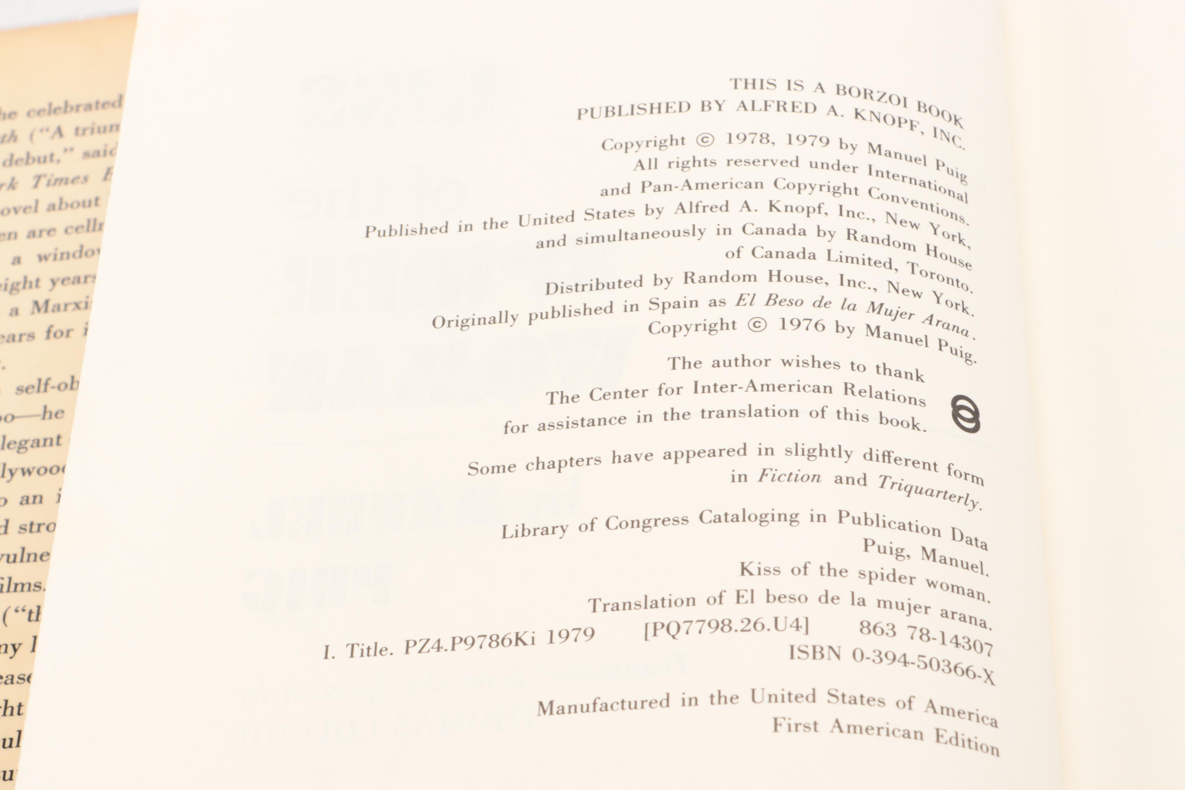 First American Edition "Kiss of the Spider Woman" by Manuel Puig, 1979