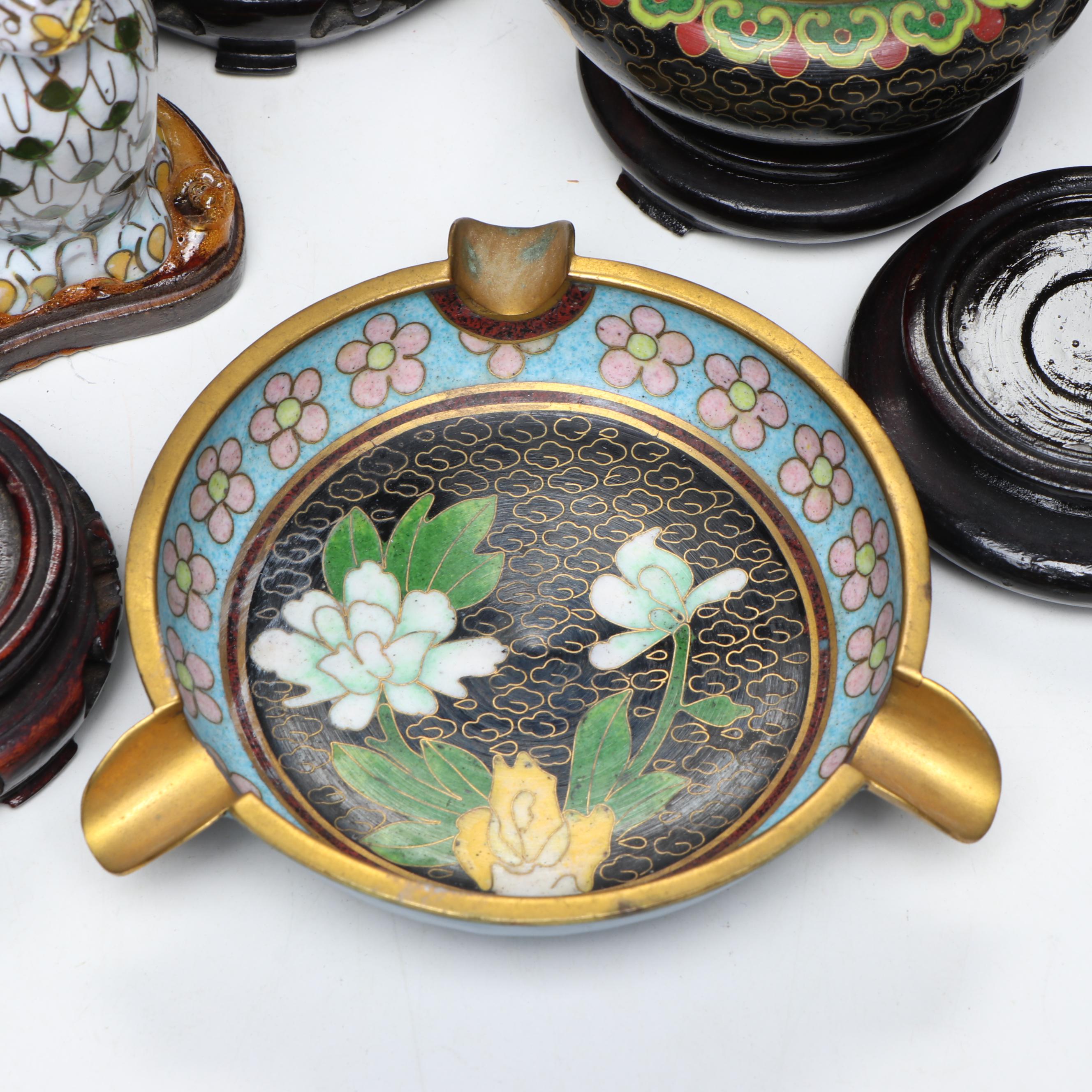 Chinese Cloisonné Enamel Vases, Covered Bowl, Ashtray and Figurine