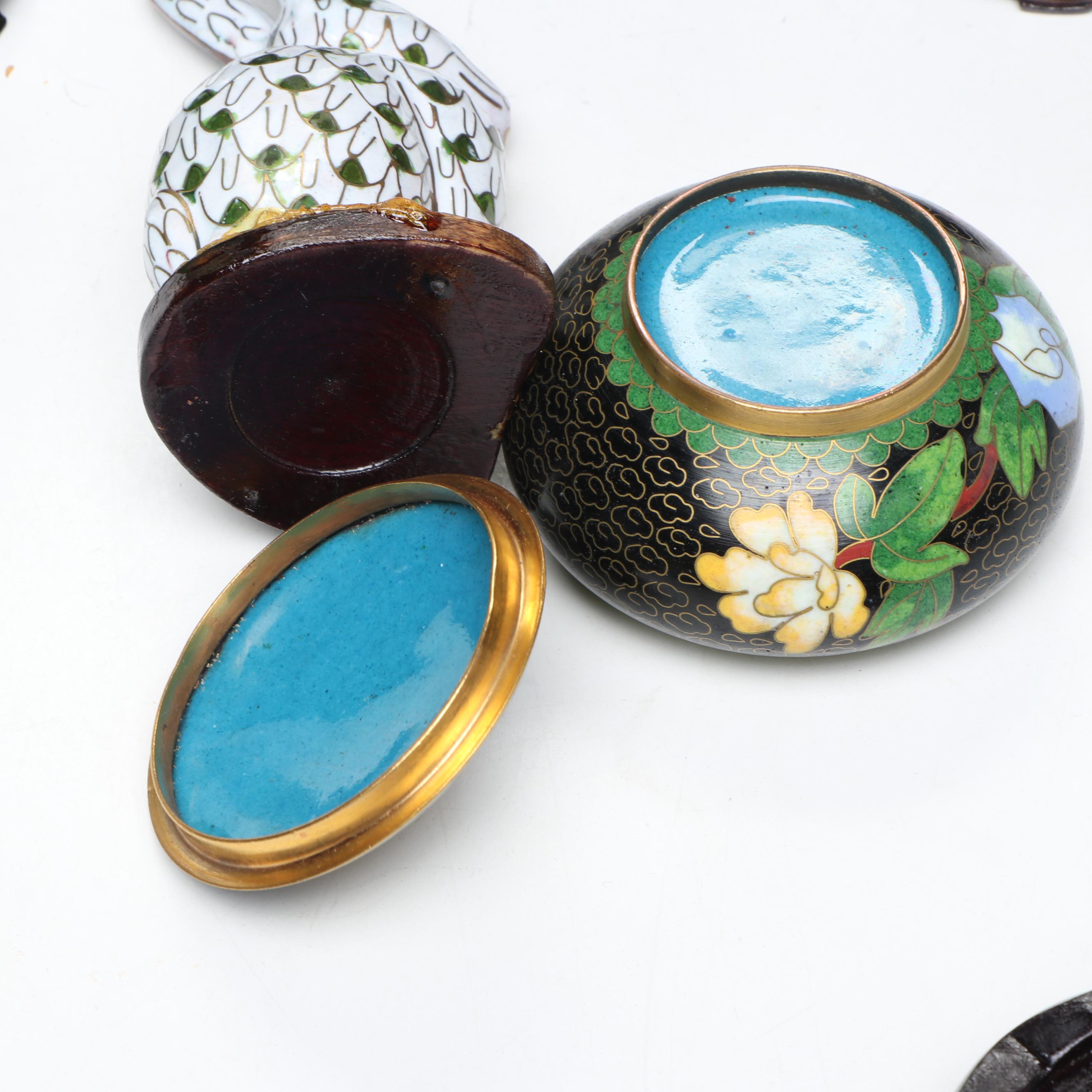 Chinese Cloisonné Enamel Vases, Covered Bowl, Ashtray and Figurine