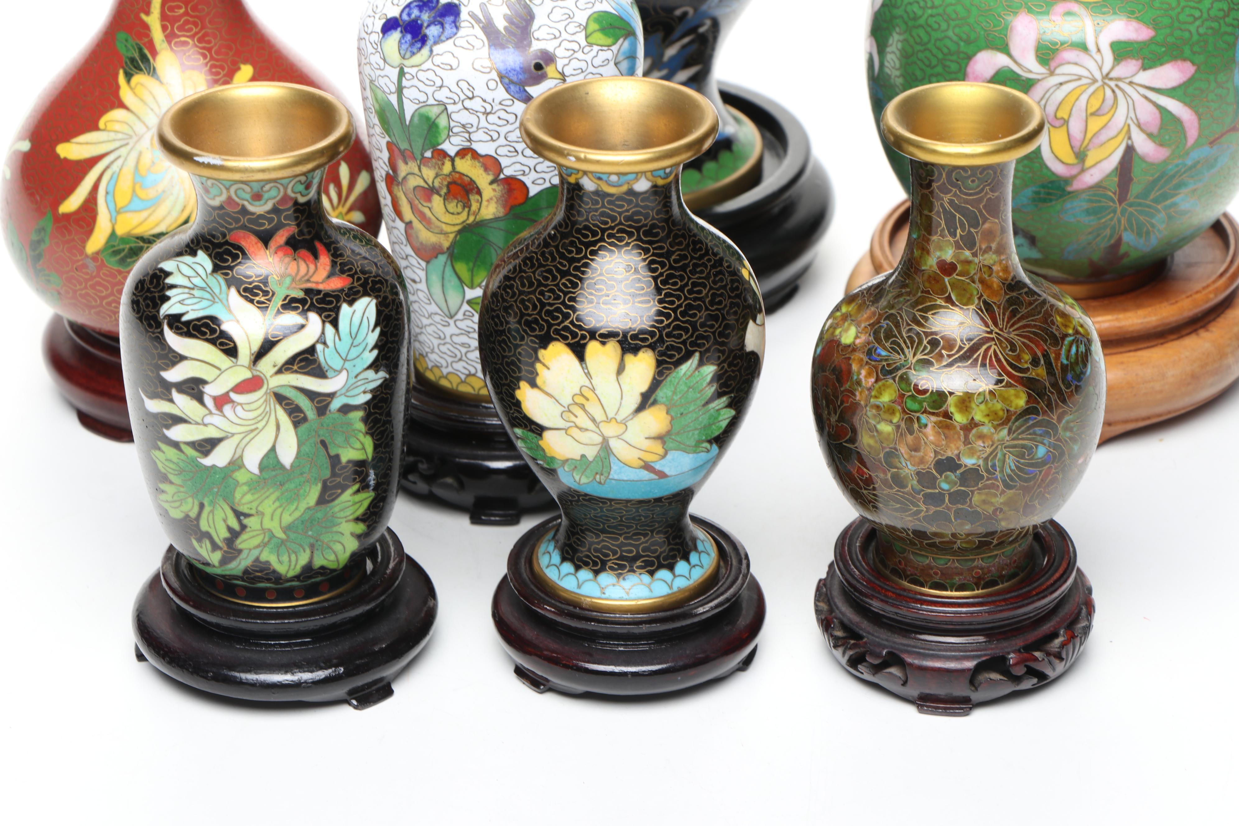 Chinese Cloisonné Enamel Vases, Covered Bowl, Ashtray and Figurine